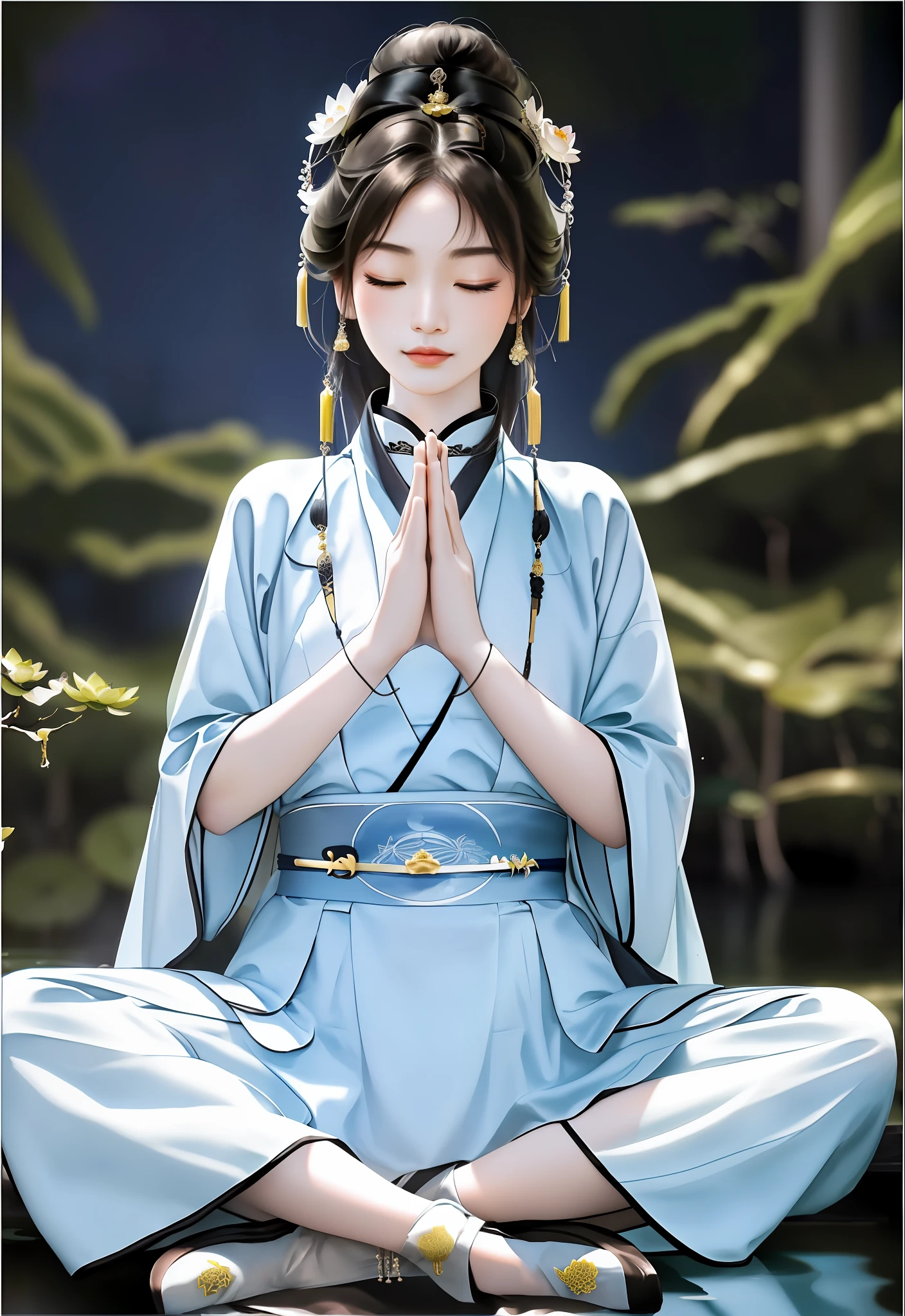 Amazing portrait of an oriental beauty in Hanfu, (cross-legged meditation: 1.3), (eyes closed), long eyelashes, solemn expression, ((prayer pose)), perfect facial features, delicate face, HD details, depth shot, (sitting cross-legged), smiling, backlit, soft light, sacred, cinematic edge lighting, delicate luster, ((trousers)), (lotus pond background)