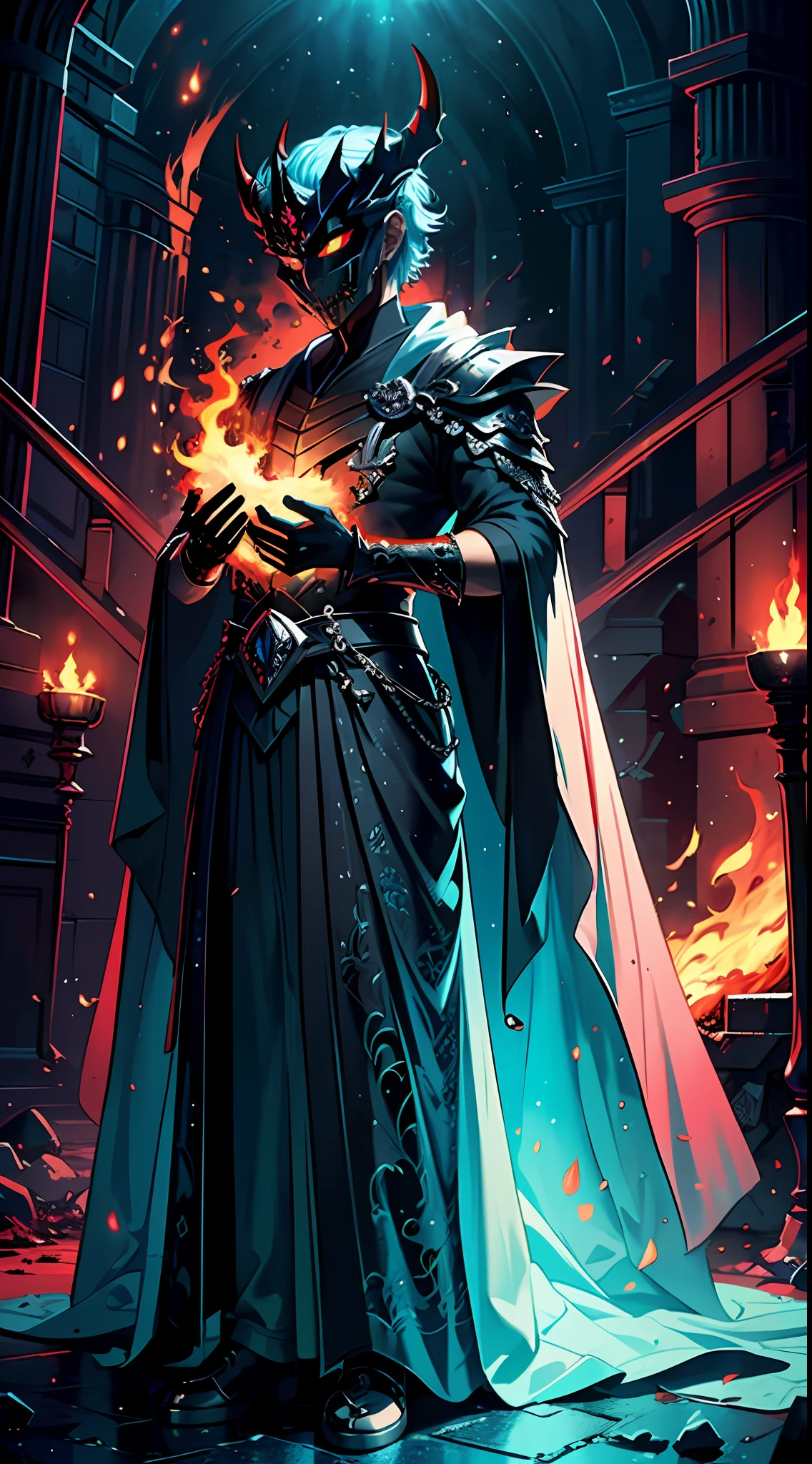 (extremely detailed CG unity 8k wallpaper, masterpiece, best quality, ultra-detailed), (Heaven: 0.6 + Hell + Ghost: 1.2 + Hades: 1.5+ Underworld: 1.4), King of Yan, Throne, Crown, Green Clothes, Mask, Dill Red Light, Flames, Underworld Background, HD Sharp, Extremely Realistic.