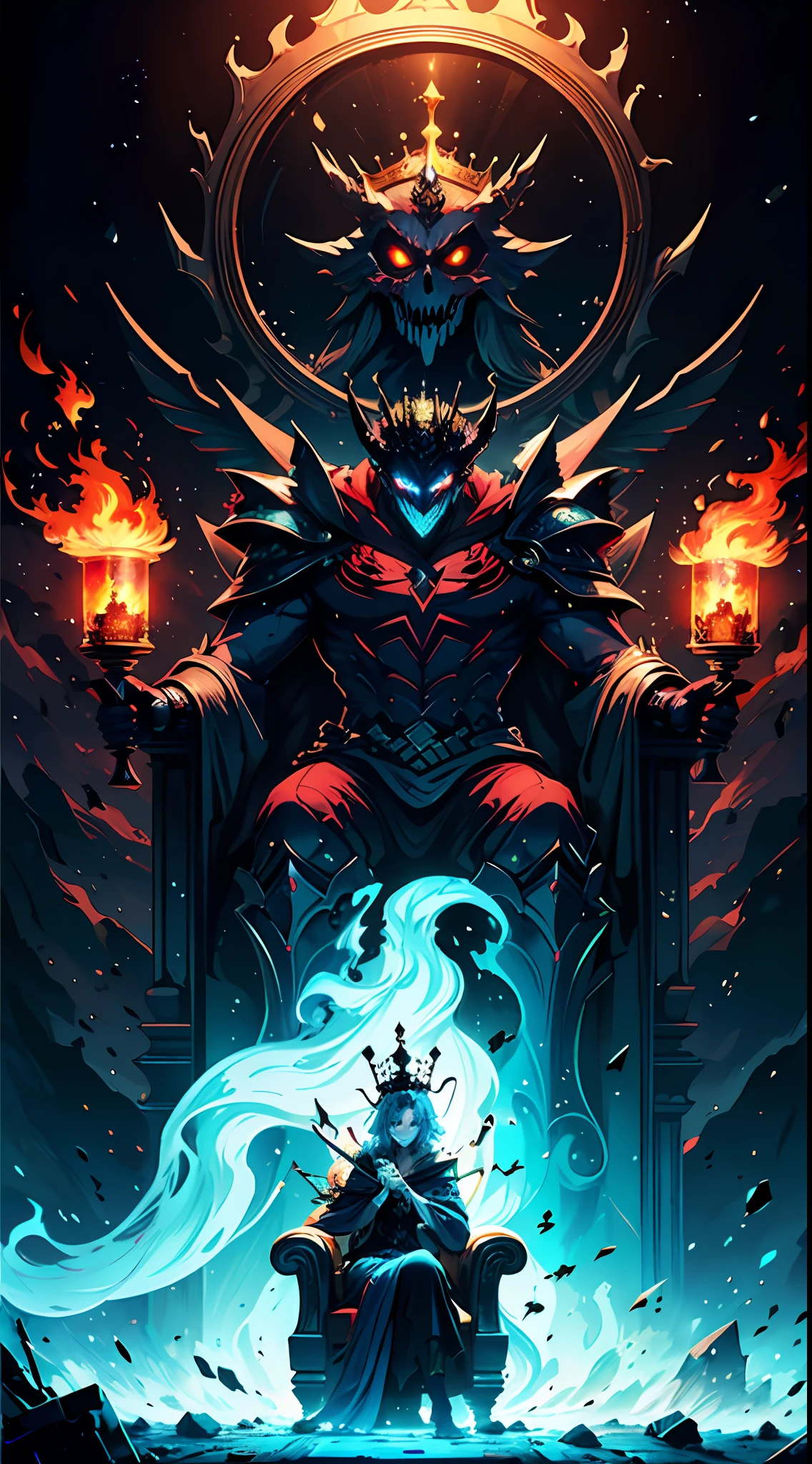 (extremely detailed CG unity 8k wallpaper, masterpiece, best quality, ultra-detailed), (Heaven: 0.6 + Hell + Ghost: 1.2 + Hades: 1.5+ Underworld: 1.4), King of Yan, Throne, Crown, Green Clothes, Mask, Dill Red Light, Flames, Underworld Background, HD Sharp, Extremely Realistic.