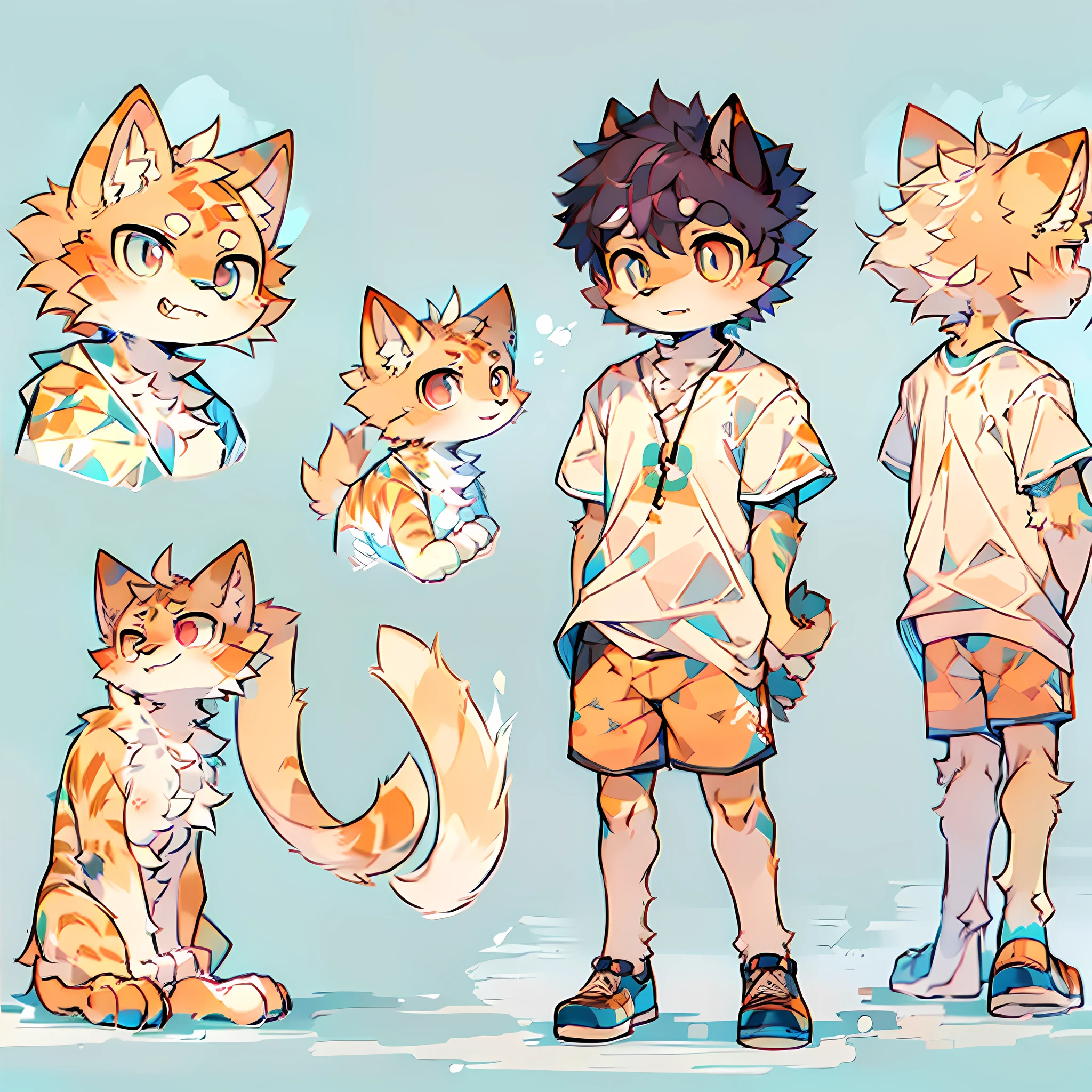 solo person,shaggy male,Felidae,orange cat,Sky blue short sleeves,Black shorts,Pink pupils