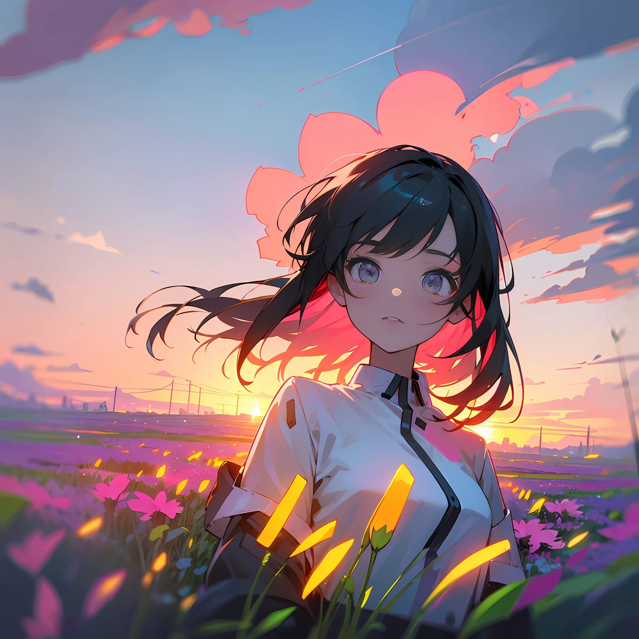girl in field, (((field of neon flowers))), mid shot, portrait, clouds, sunrise