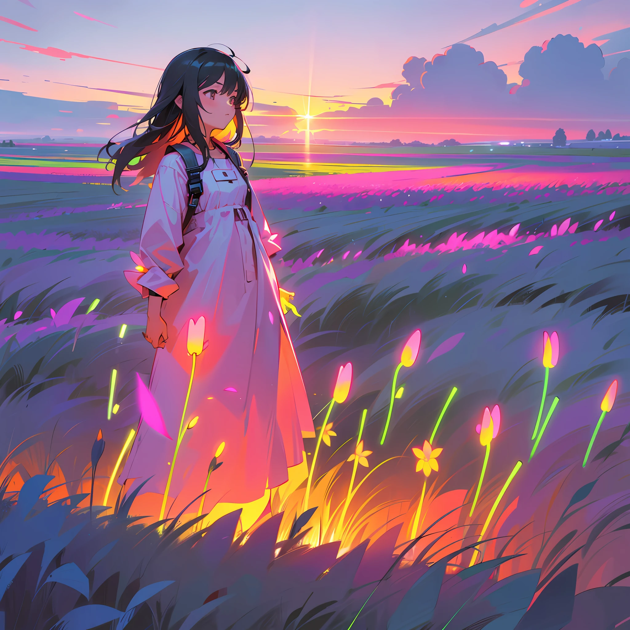 girl in field, (((field of neon flowers))), mid shot, portrait, clouds, sunrise