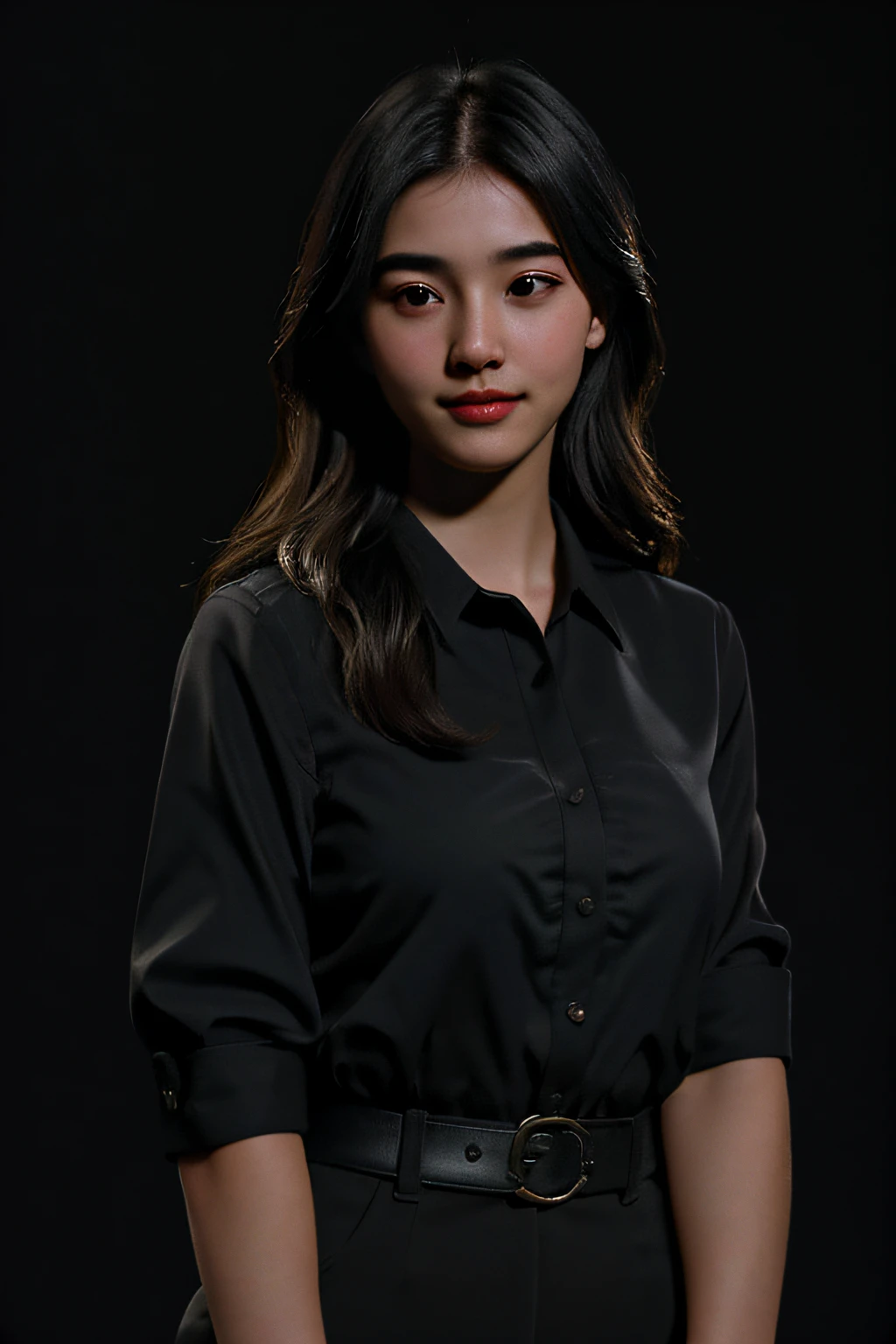 photo of a 20yo secretary, waist up, (front focus), (in the dark:1.6), photorealistic, dynamic lighting, artstation, poster, volumetric lighting, very detailed faces, 4 k, award winning, 1girl, in the dark, deep shadow, low key, cowboy shot, (cinematic look), looking at viewer with a serene and goddess-like happiness