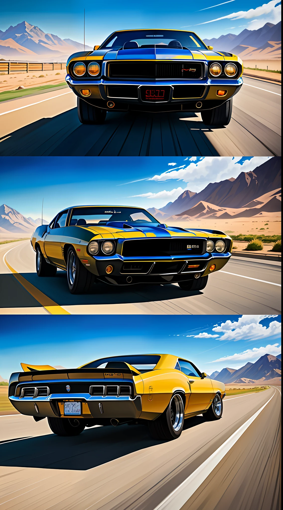 a painting of a boss muscle car, (masterpiece, best quality), particle effects, epic explosion background, vivid, hdr, night time, very detailed, (cell shaded:1.2), ray tracing, it doesn't matter if it's an inch or a quarter mile
