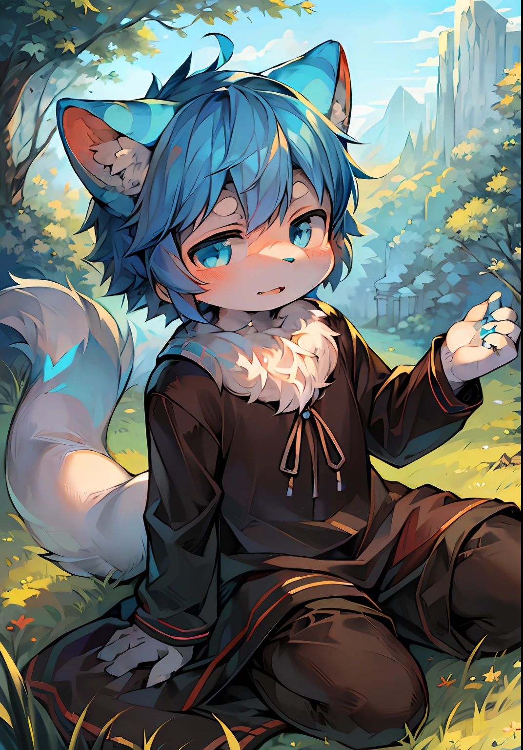 (ambiente dark:0.8),masterpiece,high quality,abstract res,digital painting\(artwork\), by dagasi, yupa,kiyosan,(anthro,fluffy fur,character focus:1.1),anthro male cat,short hair,portrait , eyes with brightness, in a panoramic view, Character focus.(detailedbackground:0.7), 独奏, shaggy, shaggy male, malefocus, anthr,(Full Body Furry, Fluffy tail, White fur, blue color eyes, blue hairs:1.2), (felid、baggy clothes:1.2),(grassy fields,In the daytime)