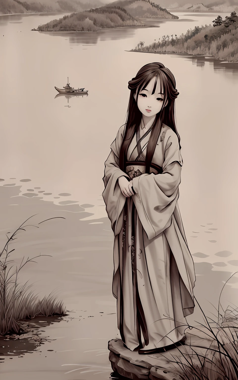 shukezouma, Negative space, , shuimobysim , Portrait of a woman standing , Willow branches, (Masterpiece, Best quality:1.2), Traditional Chinese Ink Painting, (Traditional Chinese painting), monochrome, ModelShoot style, Peaceful, (Smile), view the viewer, wearing long hanfu, Hanfu, Song, Willow tree in background, wuchangshuo, Distant mountains, Small lake, gazebo, boats,