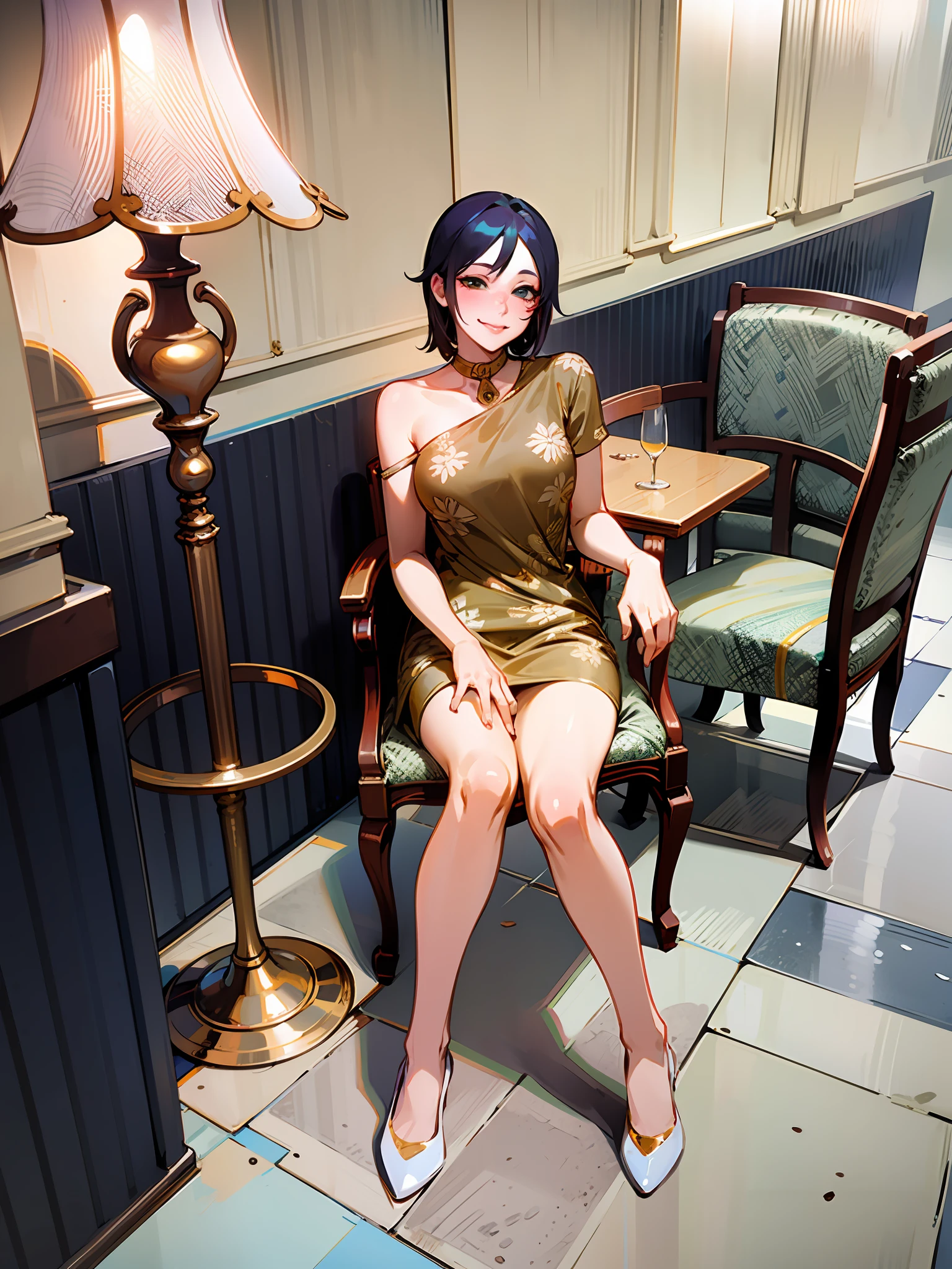 sexy girl sit on chair, lustful face, smile, no underwear