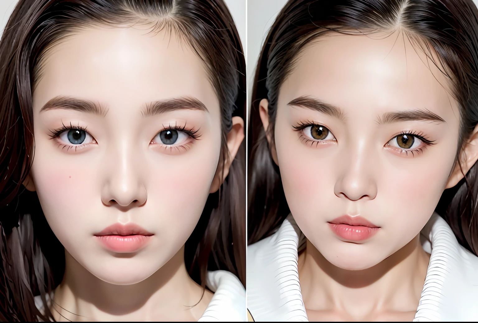 A woman who is，On the left is what he will be looking like at the age of 30 10 years from now，There are severe dark circles，There are very serious eye bags，No lipstick，The complexion is yellowish and dull，On the right is what he looked like 10 years ago when he was 20 years old, Korean face features, full round face, large round eyes, beautiful aesthetic face, Korean symmetrical face, roundly eyes, popular korean makeup, Rounded eyes, cute round slanted eyes, Face enhancement, soft eyes and narrow chin