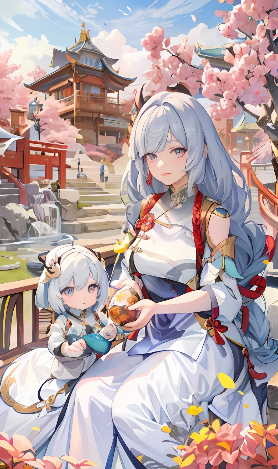anime girl with blue hair and white dress sitting on a bench, white-haired god, Guviz, An anime cover, Official artwork, high detailed official artwork, Palace , A girl in Hanfu, Keqing from Genshin Impact, Kushatt Krenz Key Art Women, onmyoji portrait, Ayaka Genshin impact, offcial art, inspired by Park Hua