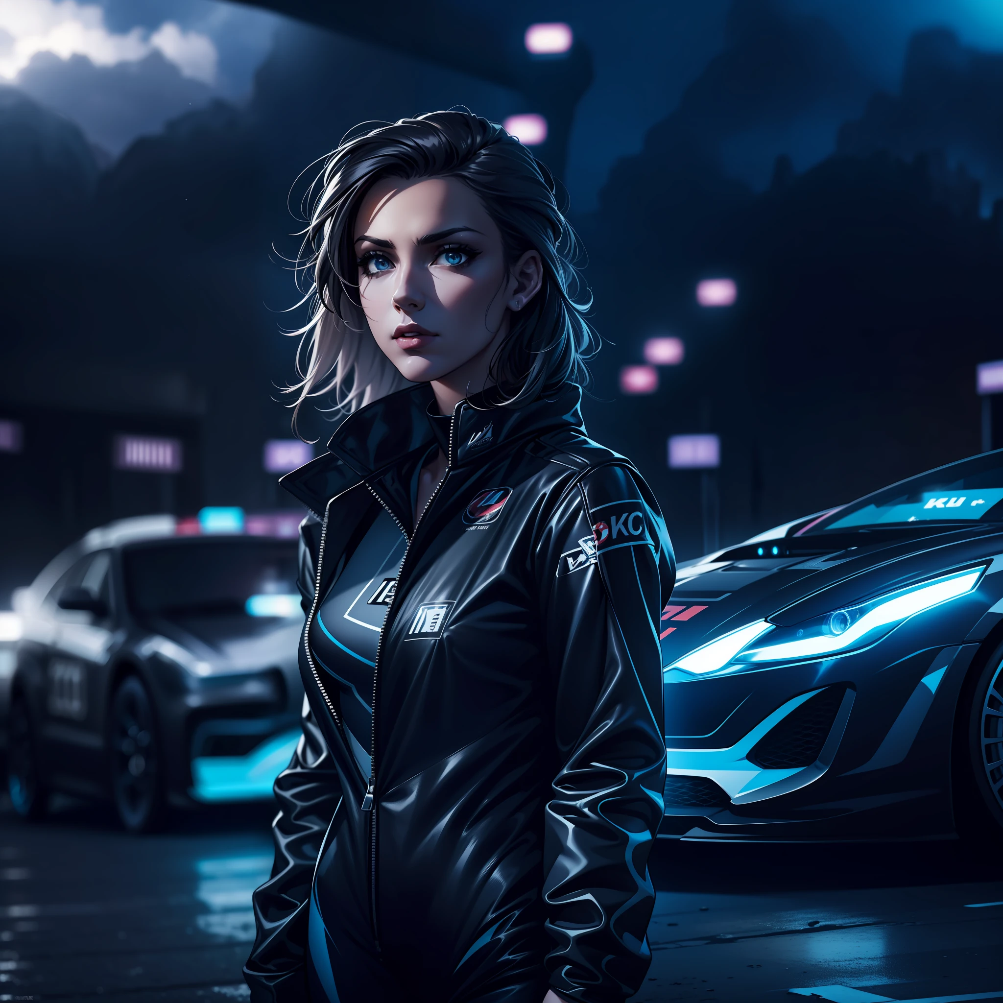 beautiful girl in racing outfits, futuristic black car in the background, black and blue, darktones, front view, lightening, stormy sky, epic composition, cinematic, studio lighting, volumetric lighting, instagram model, epic composition, appeal, masterpiece, posing for a photo, movie poster, comic style