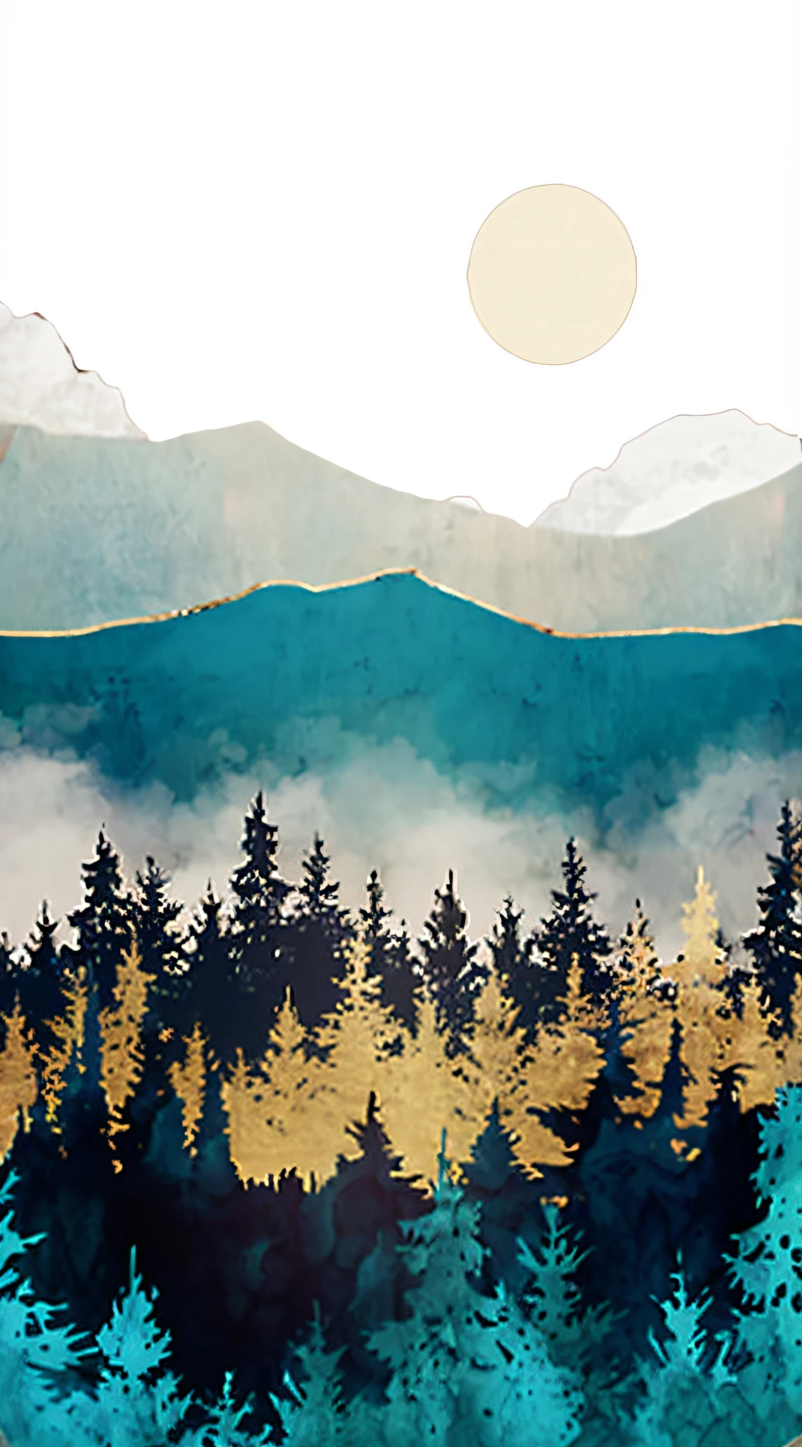 a painting of a forest with mountains in the background, a detailed matte painting by Emily Murray Paterson, behance contest winner, environmental art, matte background, storybook illustration, wallpaper