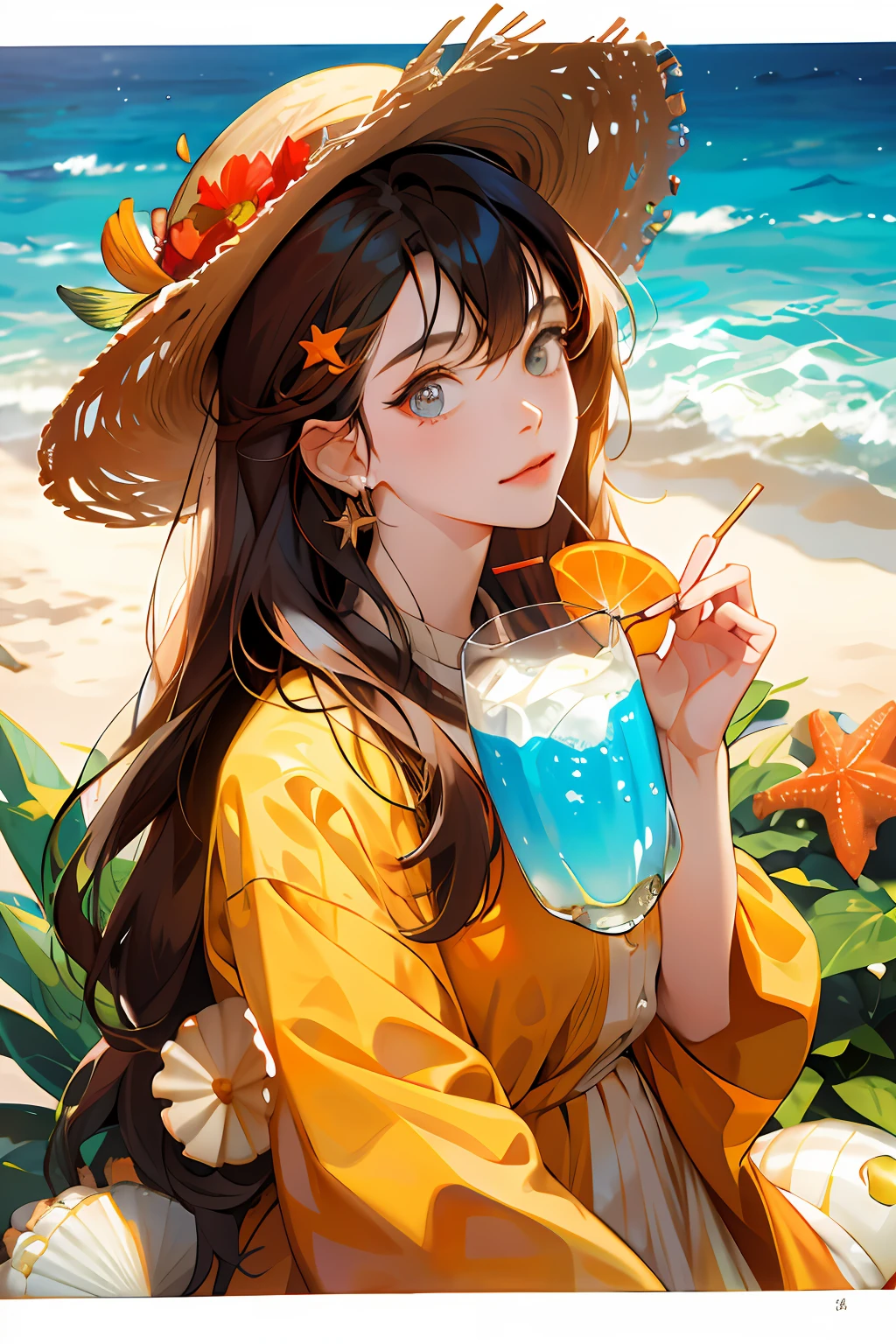 absurdres, highres, ultra detailed, 1girl, solo, extremely detailed eyes, starfish, seashell, shell, flower, hat, hair ornament, jewelry, straw hat, looking at viewer, sunglasses, hat flower, drinking straw, hairclip, earrings, red flower, tinted eyewear, yellow flower, bangs, english text, multicolored hair, orange flower, black hair, ring, cup, long hair, orange-tinted eyewear, food, brown hair, portrait, shell hair ornament