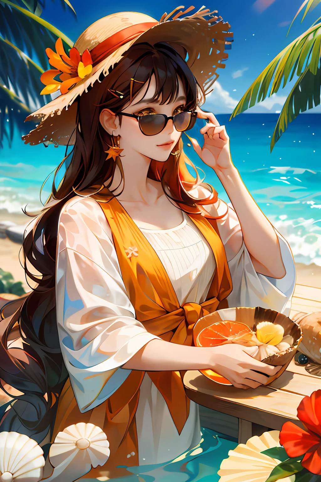 absurdres, highres, ultra detailed, 1girl, solo, extremely detailed eyes, starfish, seashell, shell, flower, hat, hair ornament, jewelry, straw hat, looking at viewer, sunglasses, hat flower, drinking straw, hairclip, earrings, red flower, tinted eyewear, yellow flower, bangs, english text, multicolored hair, orange flower, black hair, ring, cup, long hair, orange-tinted eyewear, food, brown hair, portrait, shell hair ornament