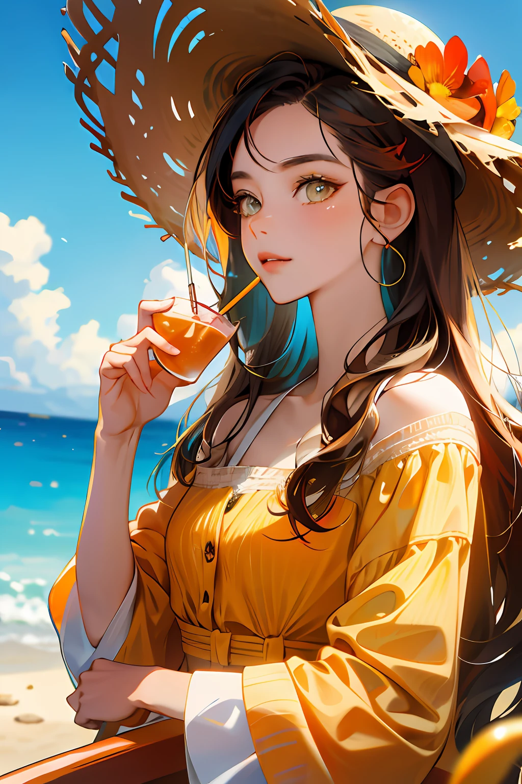 absurdres, highres, ultra detailed, 1girl, solo, extremely detailed eyes, starfish, seashell, shell, flower, hat, hair ornament, jewelry, straw hat, looking at viewer, sunglasses, hat flower, drinking straw, hairclip, earrings, red flower, tinted eyewear, yellow flower, bangs, english text, multicolored hair, orange flower, black hair, ring, cup, long hair, orange-tinted eyewear, food, brown hair, portrait, shell hair ornament