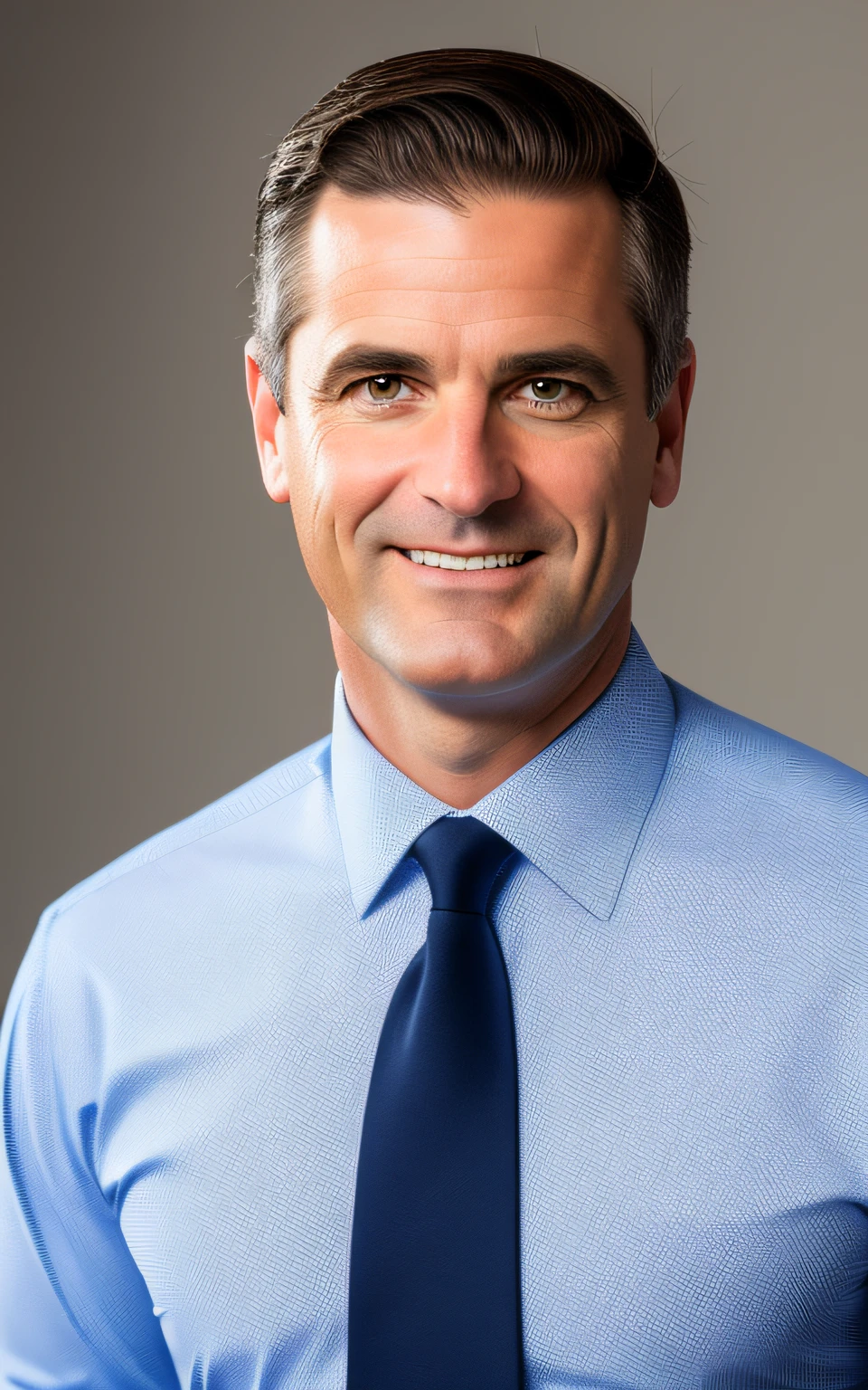 A professional headshot portrait of a middle-aged English businessman. He has short brown hair and a clean shaven face. He is wearing a tailored navy blue dress with a white collared shirt and blue tie underneath. He has a serious but friendly expression on his face. The portrait is against a plain white background. The image is highly detailed and captured in a realistic photography style.