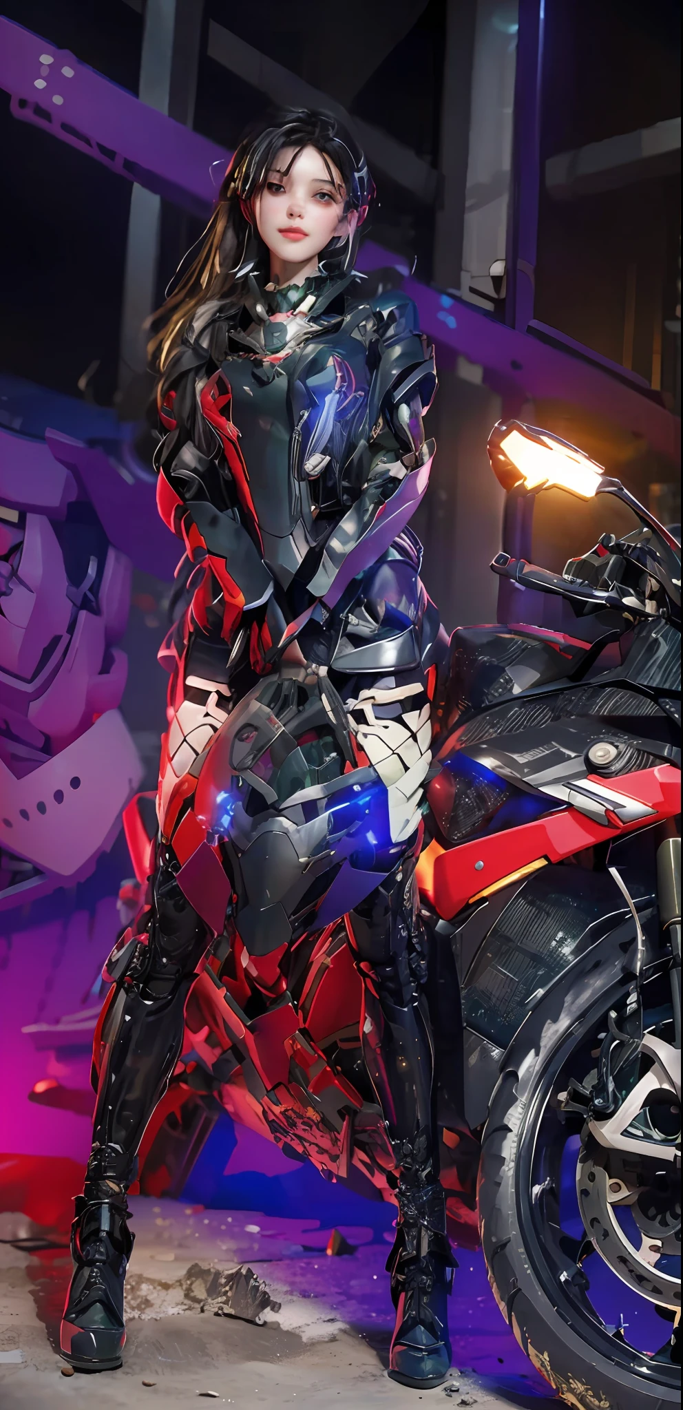 Highest image quality, outstanding details, ultra-high resolution, (realism: 1.4), the best illustration, favor details, highly condensed 1girl, with a delicate and beautiful face, dressed in a black and green mecha, wearing a mecha helmet, holding a directional controller, riding on a motorcycle, the background is a high-tech lighting scene of the future city.