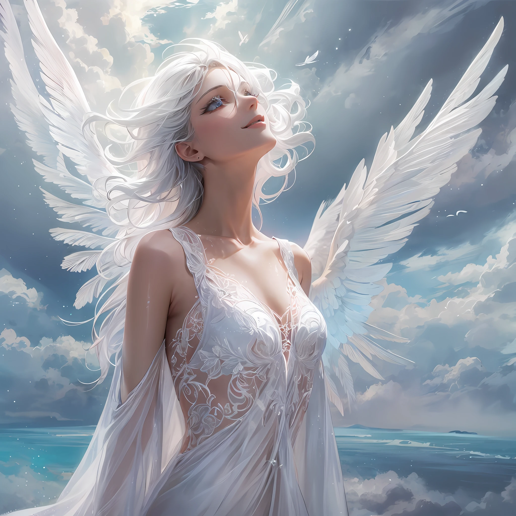 1girl, beautiful eye, smile, angel, wings, X-shaped body paint, gentle yet strong smile, white and silver floating dress, X-shaped decorations, silver-white hair, long waves, long, sky-blue eyes, spreading wings to form an X, background of a sea of heavenly clouds, beams of light, wings aglow with soft, divine light, X-shaped body paint shining with ethereal luminescence, folds of floating dress catching the heavenly light, strands of silver-white hair swaying gently in the celestial wind, eyes reflecting the serene cloudscape, delicate eyelashes framing her gaze, small, serene smile hinting at a hidden strength, angelic halo casting a soft glow on her figure, tips of her wings reaching out to the edges of the image, creating an X-shaped composition, delicate hands raised in a graceful gesture, creating the lower part of the X, feathers on wings detailed and glowing, catching the divine light, celestial backdrop filled with fluffy clouds and divine light,