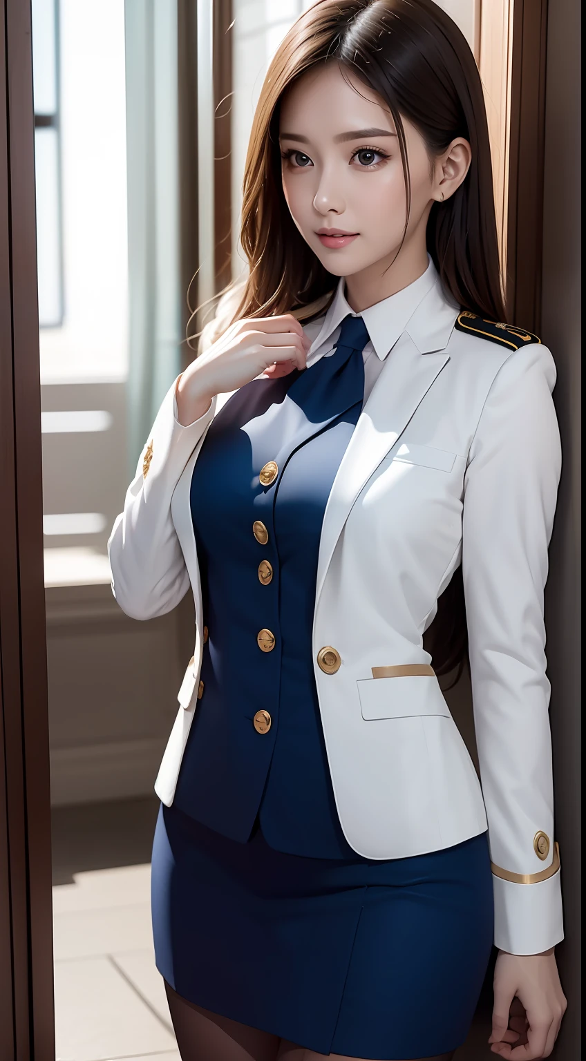 (RAW photos,HighestQuali),Full body like,The uniform of a flight attendant,(realisticlying,realisticlying:1.3),HighestQuali,tmasterpiece,Very fine and beautiful,highly detailed,CG,unified,2k wallpaper,Wonderful,beautifuldetails,tmasterpiece,dynamicposes,HighestQuali,Extremely detailed Cg Unity 8K wallpaper,,