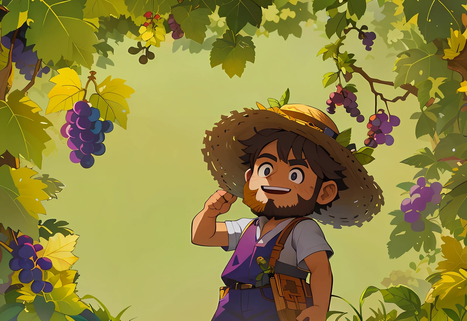 In the vineyard,There is a bearded grower in a straw hat,One hand holds a straw hat,The details of the hands are rich,Act reasonably,In the vineyard,Large grapes,Meticulous attention to detail,and fine details of grape leaves, offcial art, Official illustration, the wallpaper!, Official artwork, official character art, official character illustration,Commercial digital painting, 2d painting,Reasonable details,Master-like details,Reasonable composition,Flat illustration style