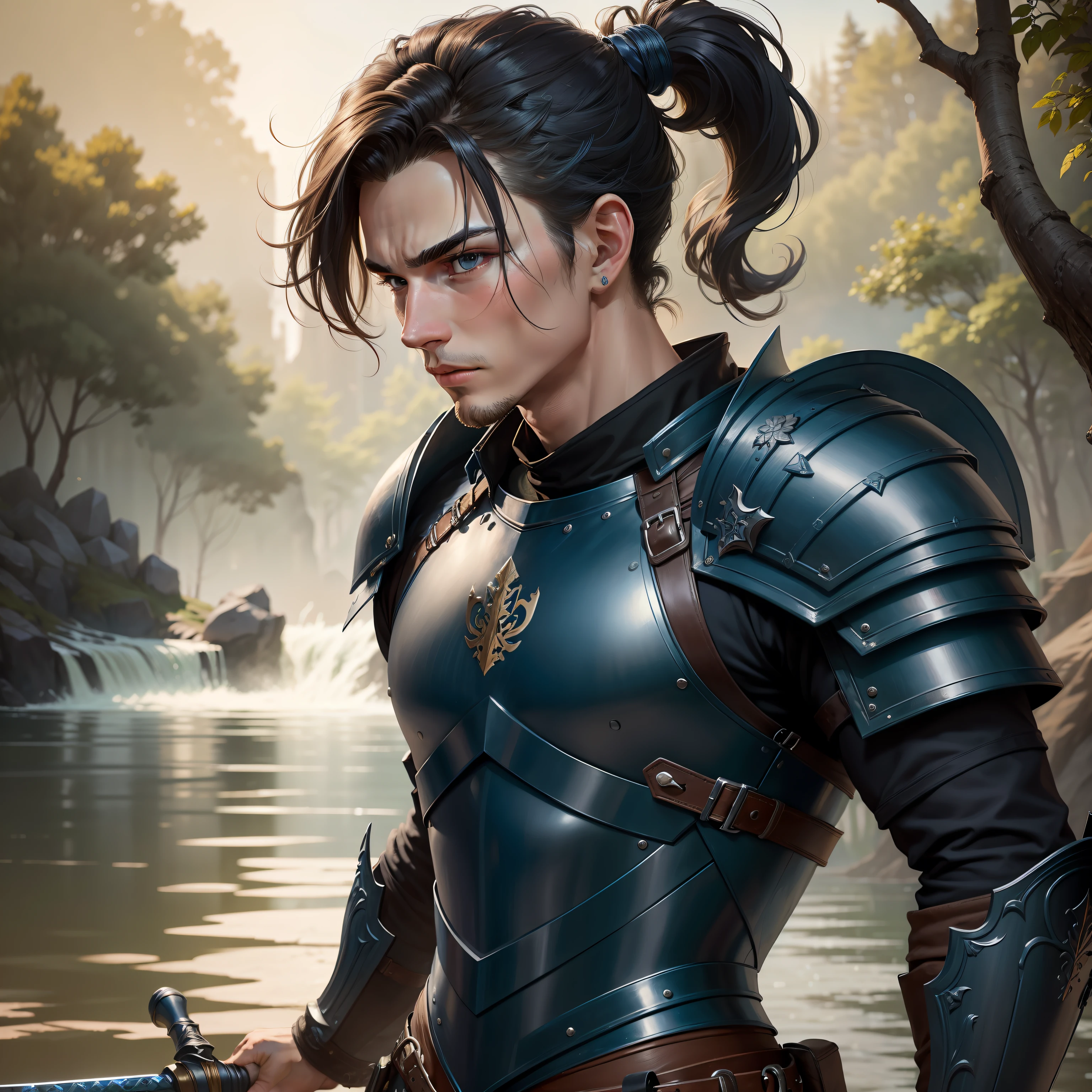 ((Best quality)), ((Masterpiece)), Realistic, Short blue ponytail, Black eyes, mature Young man, Solo, Adolescence,shoun, Dark blue armor, cavalier, Intricate details, Highly detailed, Sharp focus, a digital rendering, professional, 4K, art stations, Art germ, fantasy, Water element effect, Cool, full bodyesbian, Long sword, forest backgrou,Swift flying