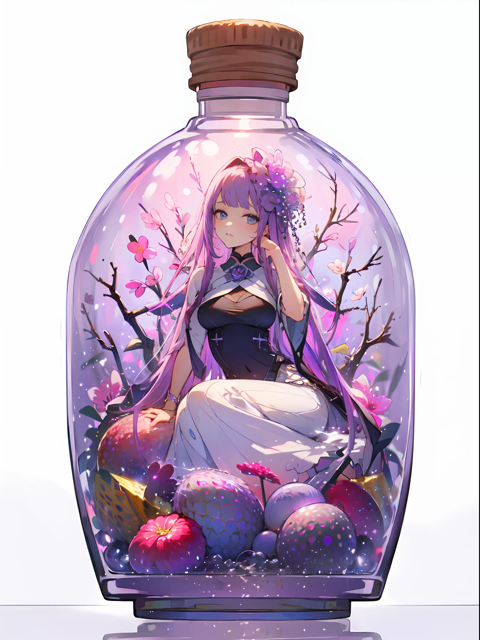 perfect eyes:1.2, detailed eyes:1.4, pineapple, (masterpiece:1.6, best quality), phgls, /bottle, in container, (finely detailed beautiful eyes: 1.2), 1girl, solo, sitting, big breasts, tentacles, purple hair, pink hair, gradient hair, water,