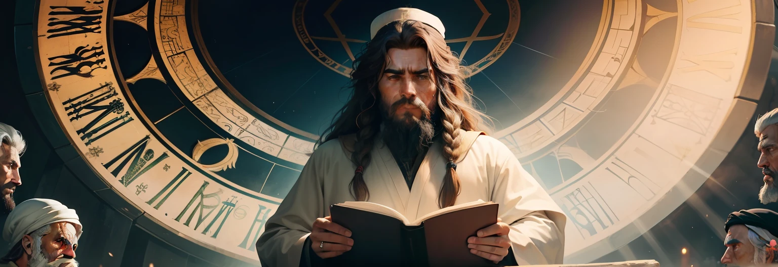 Create an illustration that depicts the biblical character Ezekiel and his story. The image should show Ezekiel as a determined-looking prophet, wearing traditional clothing from the biblical period. he must be standing, segurando um rolo aberto com as palavras "Assim diz o Senhor" escrito nele. Ao seu redor, include elements that represent the visions and symbols found in the book of Ezekiel, como rodas em chamas, querubins ou um vale de ossos secos. The image may also show Ezekiel proclaiming God's word to a group of people, representing his prophethood mission to call the people of Israel to repentance and obedience to God. The image should convey Ezekiel's courage and dedication in conveying the divine messages, even in the face of challenges and resistance.