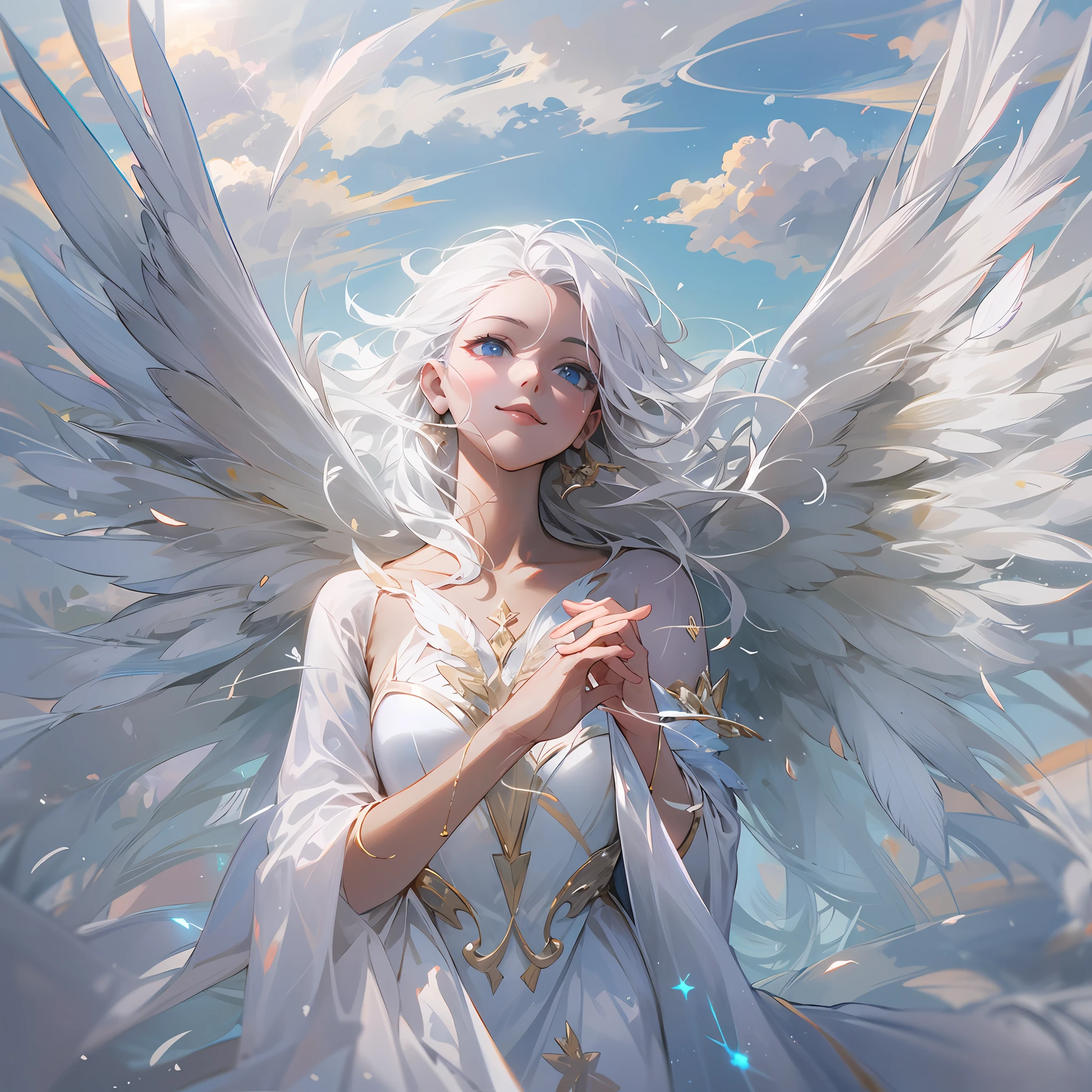 1girl, beautiful eye, smile, angel, wings, X-shaped body paint, gentle yet strong smile, white and silver floating dress, X-shaped decorations, silver-white hair, long waves, long, sky-blue eyes, spreading wings to form an X, background of a sea of heavenly clouds, beams of light, wings aglow with soft, divine light, X-shaped body paint shining with ethereal luminescence, folds of floating dress catching the heavenly light, strands of silver-white hair swaying gently in the celestial wind, eyes reflecting the serene cloudscape, delicate eyelashes framing her gaze, small, serene smile hinting at a hidden strength, angelic halo casting a soft glow on her figure, tips of her wings reaching out to the edges of the image, creating an X-shaped composition, delicate hands raised in a graceful gesture, creating the lower part of the X, feathers on wings detailed and glowing, catching the divine light, celestial backdrop filled with fluffy clouds and divine light,