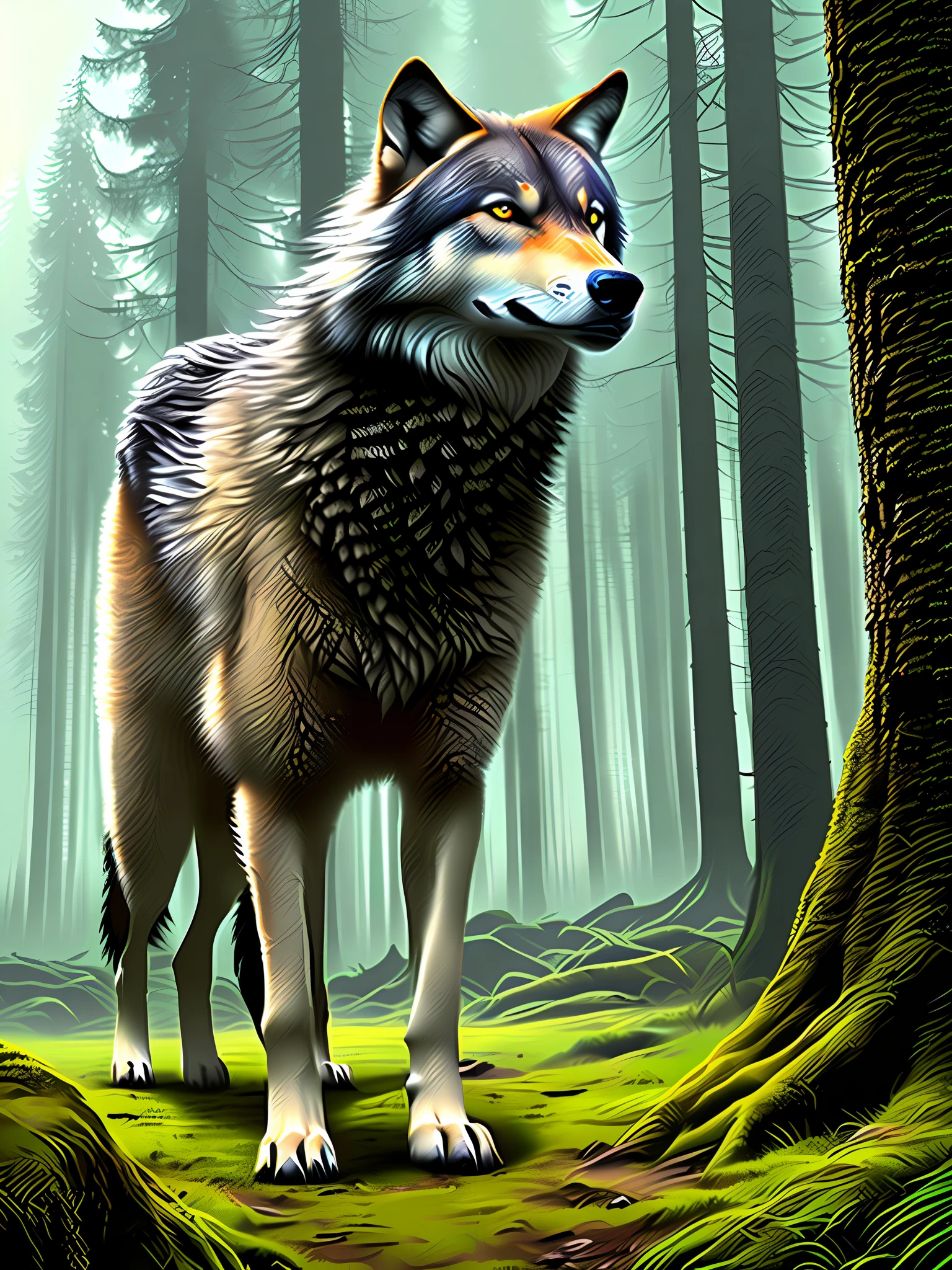 Long-haired beauty primeval forest background，There are wolf guardians around