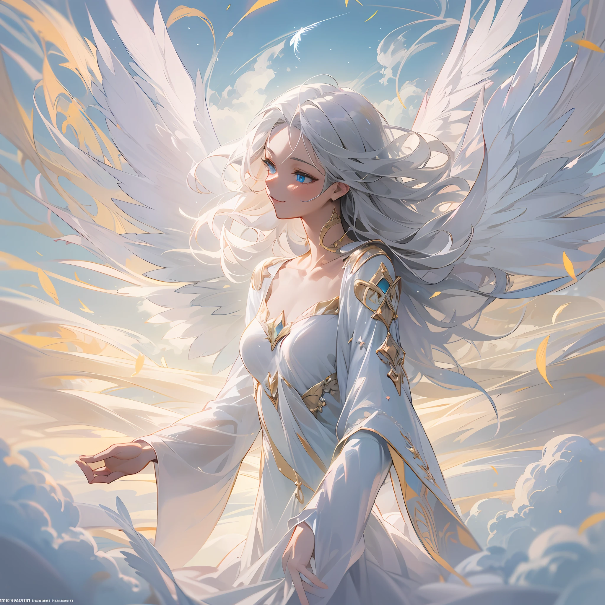 1girl, beautiful eye, smile, angel, wings, X-shaped body paint, gentle yet strong smile, white and silver floating dress, X-shaped decorations, silver-white hair, long waves, long, sky-blue eyes, spreading wings to form an X, background of a sea of heavenly clouds, beams of light, wings aglow with soft, divine light, X-shaped body paint shining with ethereal luminescence, folds of floating dress catching the heavenly light, strands of silver-white hair swaying gently in the celestial wind, eyes reflecting the serene cloudscape, delicate eyelashes framing her gaze, small, serene smile hinting at a hidden strength, angelic halo casting a soft glow on her figure, tips of her wings reaching out to the edges of the image, creating an X-shaped composition, delicate hands raised in a graceful gesture, creating the lower part of the X, feathers on wings detailed and glowing, catching the divine light, celestial backdrop filled with fluffy clouds and divine light,