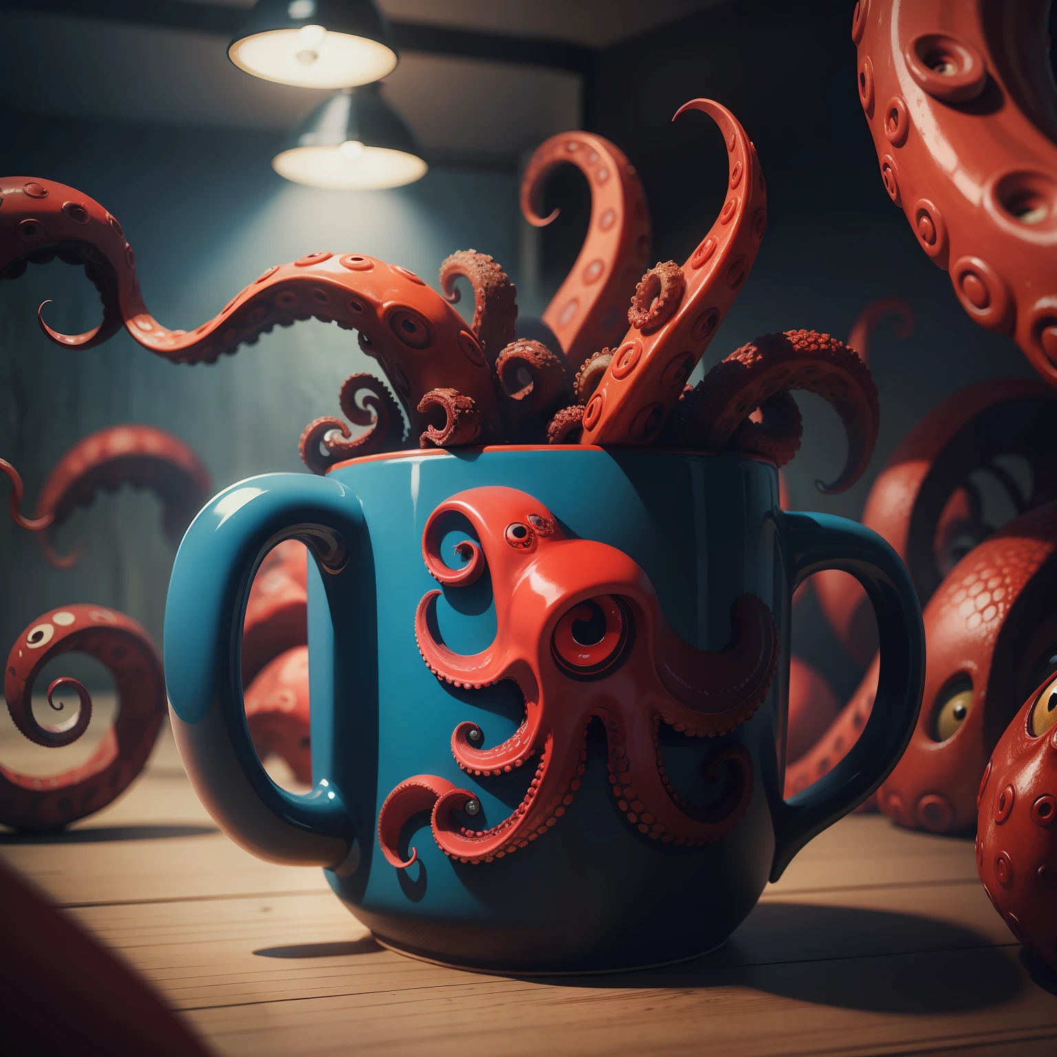Tentacles, flat demon eyes, horror, animals, red octopus, dark blue mugs