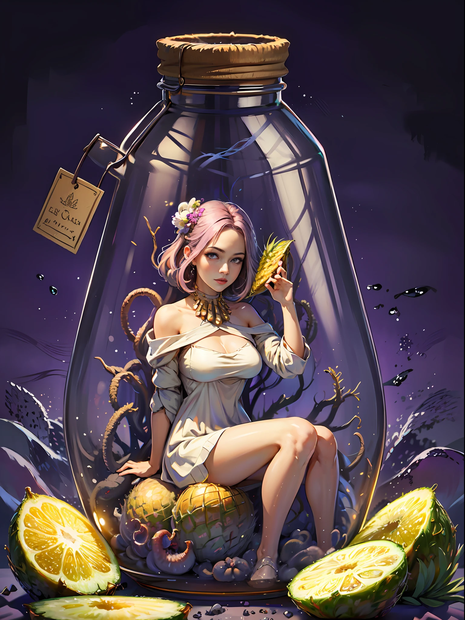 perfect eyes:1.2, detailed eyes:1.4, pineapple, (masterpiece:1.6, best quality), phgls, /bottle, in container, (finely detailed beautiful eyes: 1.2), 1girl, solo, sitting, big breasts, tentacles, purple hair, pink hair, gradient hair, water,