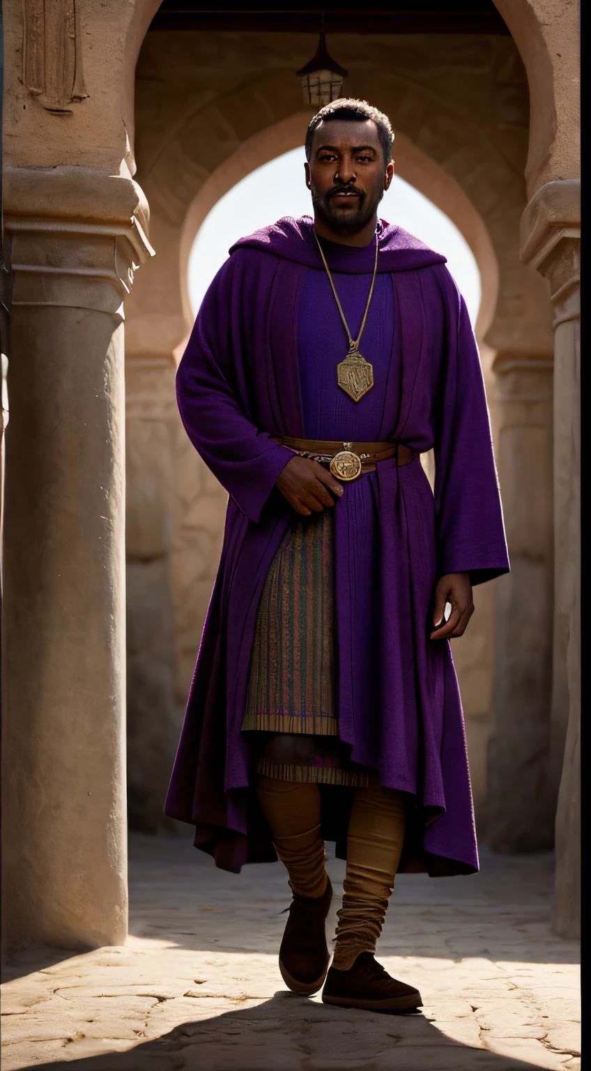 full body portrait of a blasian dark-skinned medieval fantasy 30 year-old man, almond-shaped eyes, hazel-colored eyes, short hair, traditional fantasy north african nice commoner's clothes, exotic, elaborate, blue and purple, in a medieval fantasy north african traditional town, (backlighting), realistic, masterpiece, highest quality, lens flare, shade, bloom, [[chromatic aberration]], by Jeremy Lipking, by Antonio J. Manzanedo, digital painting