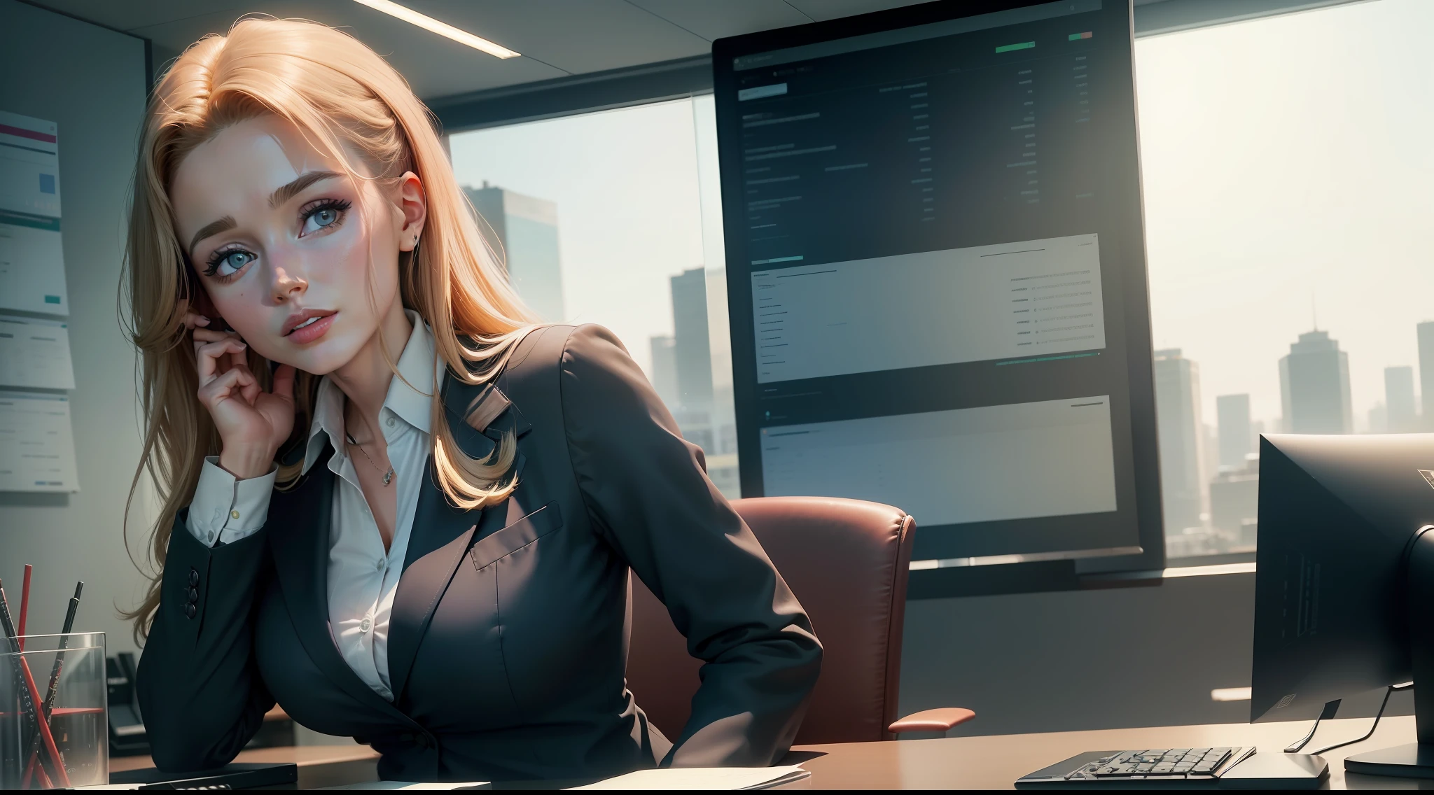 (imagem baseada no Seed: 5DE4CE749F) an office desk with a computer, Na tela do computador, showing financial charts, ((actress Lena Paul looks very pretty in business clothes)),In the background, an all-glass wall showing the surrounding buildings, (melhor qualidade) (4k resolution), Realistic, muitos detalhes,