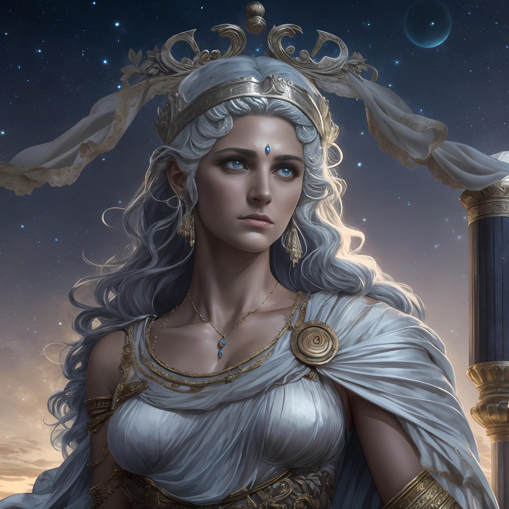 greek goddess of justice and moral, Dike, with silver hair, has all seeing bright eyes, has beautiful and sorrowful face, wears long greek toga, a balance scale, starry sky, Greek Mythology, solemn atmosphere, description of ultrra-accurate hands, photorealistic, super detail, masterpiece, best quality, highres, 8k