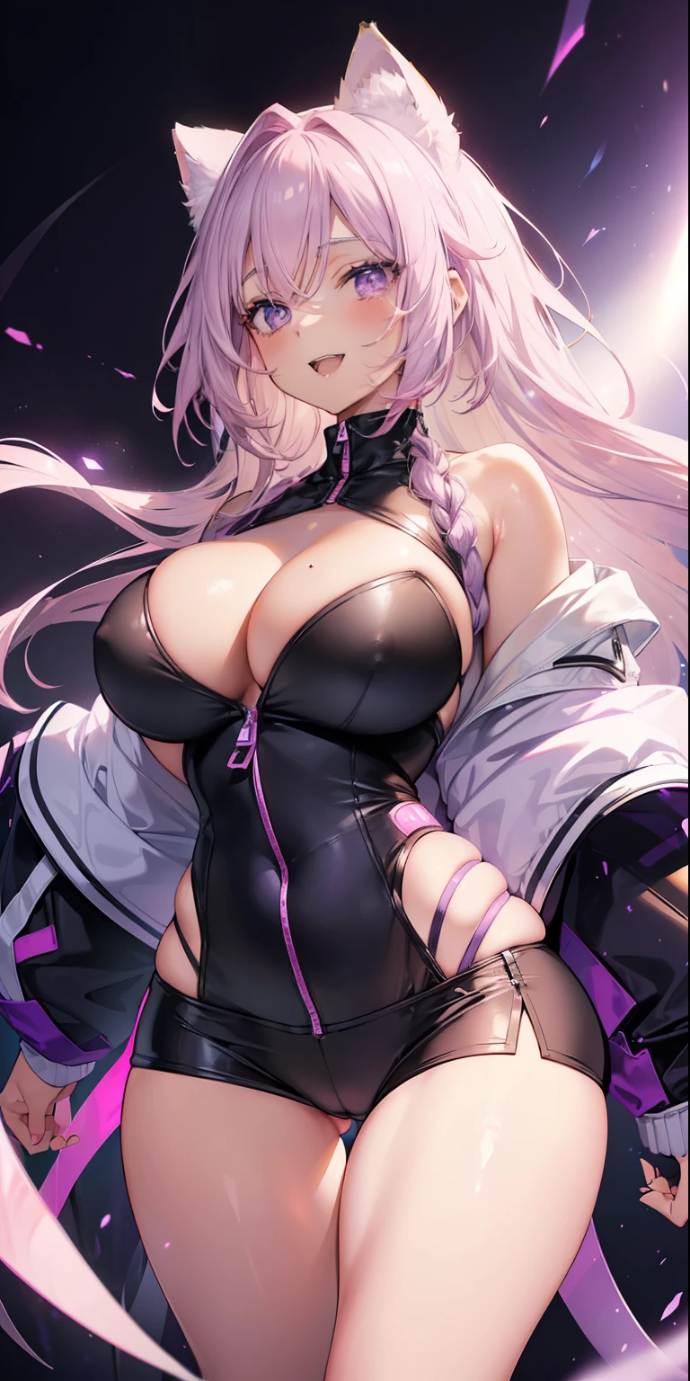 ((masterpiece)), ((best quality)), ((anime profile style)), ((HD 4k)), ((brown skin)), ((perfect anatomy)), ((older woman )), woman, ((female face)), Happy, ((smiling, open mouth)), ((light lilac eyes)), Eyelid, Sclera, Iris, eyebrow, eyelashes, fox ear, nose, ((hair giant lilac)), ((fringe)), ((hair details)), ((light effects on hair)), ((Women's Pink Zipper Sweatshirt Set)), ((lights effect on clothes)), ( (body lights effect)), neck, shoulders, ((big chest)), (thin waist), ((perfect tummy)), arms, ((thick legs)), ((big thigh)), ((background) background)), ((lighting))