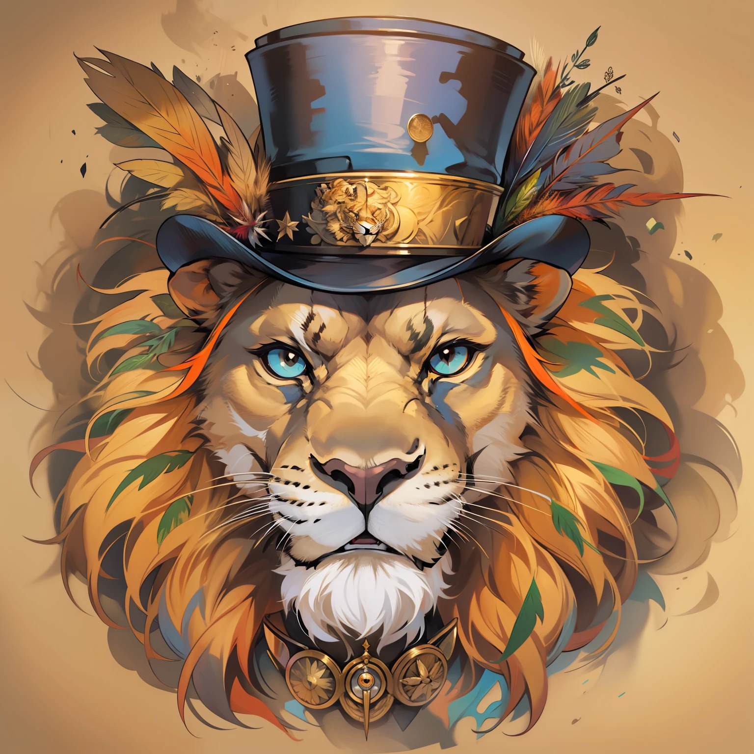 lion face with monocle in one of its eyes and top hat with a feather, only the face, drawn with colorful ink, scar on the cheek, big scar