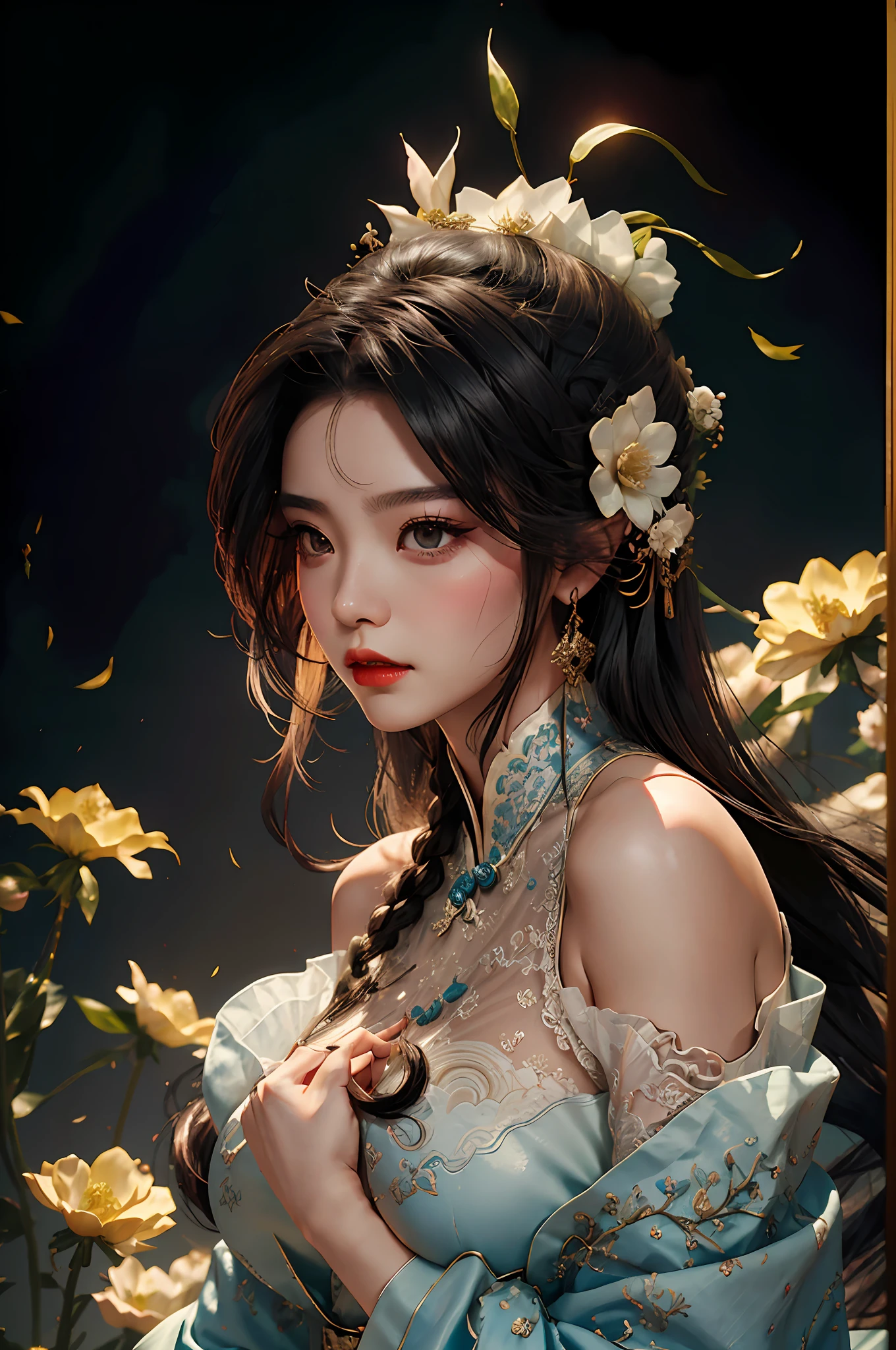 Zhong Fenghua, 1girll, (full bodyesbian) 独奏, Hanfu, flower field, blossom flower, (Black smoke:1.4) (realisticlying:1.5), datura, entangled, offcial art, Unity 8k壁纸, ultra - detailed, Beautiful and beautiful, tmasterpiece,best qualtiy, (dynamic angle:1.4), (Realistic:1.5),(Real human photos;1.5),(Bigboobs:1.5),(Liuhai hairstyle:1.5)(Shoulders exposed:1.5),Glowing skin, (Floating colorful flashes:1),The most beautiful forms of chaos,(ellegance:1.2),Fauvistdesign,vivd colour,Romanticism Depth of Field,