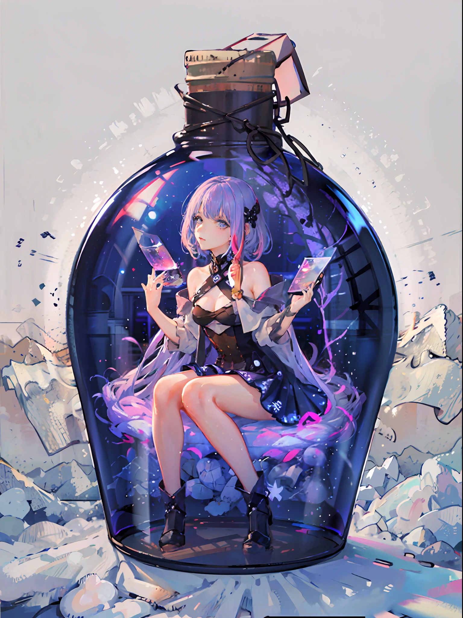 perfect eyes:1.2, detailed eyes:1.4, pineapple, (masterpiece:1.6, best quality), phgls, /bottle, in container, (finely detailed beautiful eyes: 1.2), 1girl, solo, sitting, big breasts, tentacles, purple hair, pink hair, gradient hair, water,