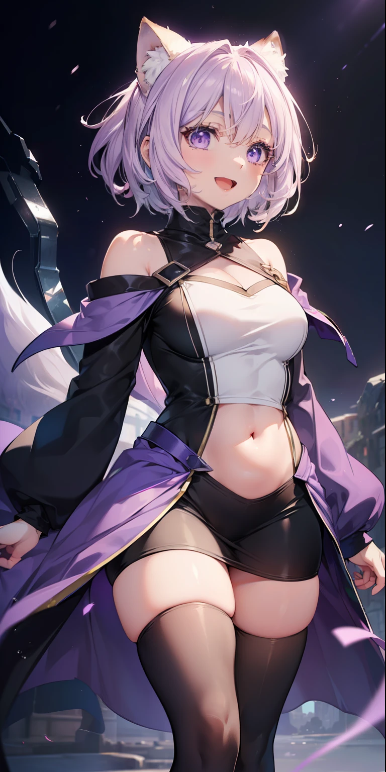 ((masterpiece)), ((best quality)), ((anime profile style)), ((HD 4k)), ((brown skin)), ((perfect anatomy)), ((older woman )), woman, ((female face)), Happy, ((smiling, open mouth)), ((light lilac eyes)), Eyelid, Sclera, Iris, eyebrow, eyelashes, fox ear, nose, ((hair giant lilac)), ((fringe)), ((hair details)), ((light effects on hair)), ((Frenchy Drop Shoulder Thermal Coated Sweatshirt Dress)), ((tights)), ( (light effect on clothes)), ((body light effect)), neck, Shoulders, ((big chest)), (thin waist), ((perfect belly)), arms, ((thick legs)), ((big thigh)), ((background scenery)), ((lighting))