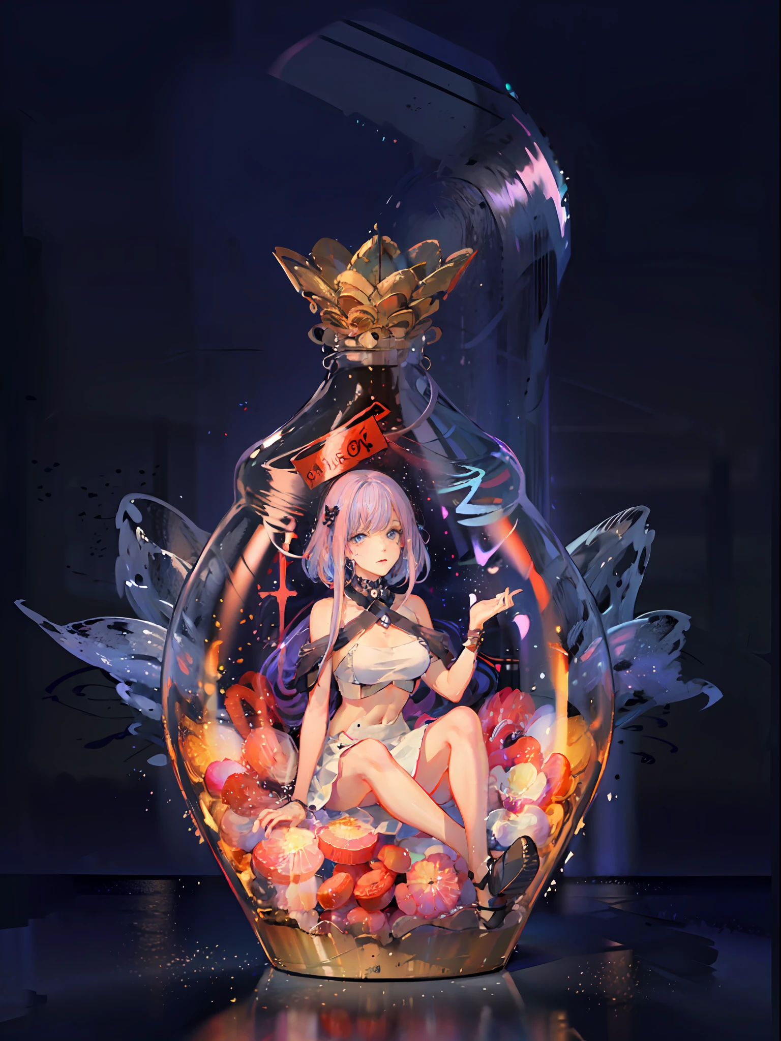 perfect eyes:1.2, detailed eyes:1.4, pineapple, (masterpiece:1.6, best quality), phgls, /bottle, in container, (finely detailed beautiful eyes: 1.2), 1girl, solo, sitting, big breasts, tentacles, purple hair, pink hair, gradient hair, water,