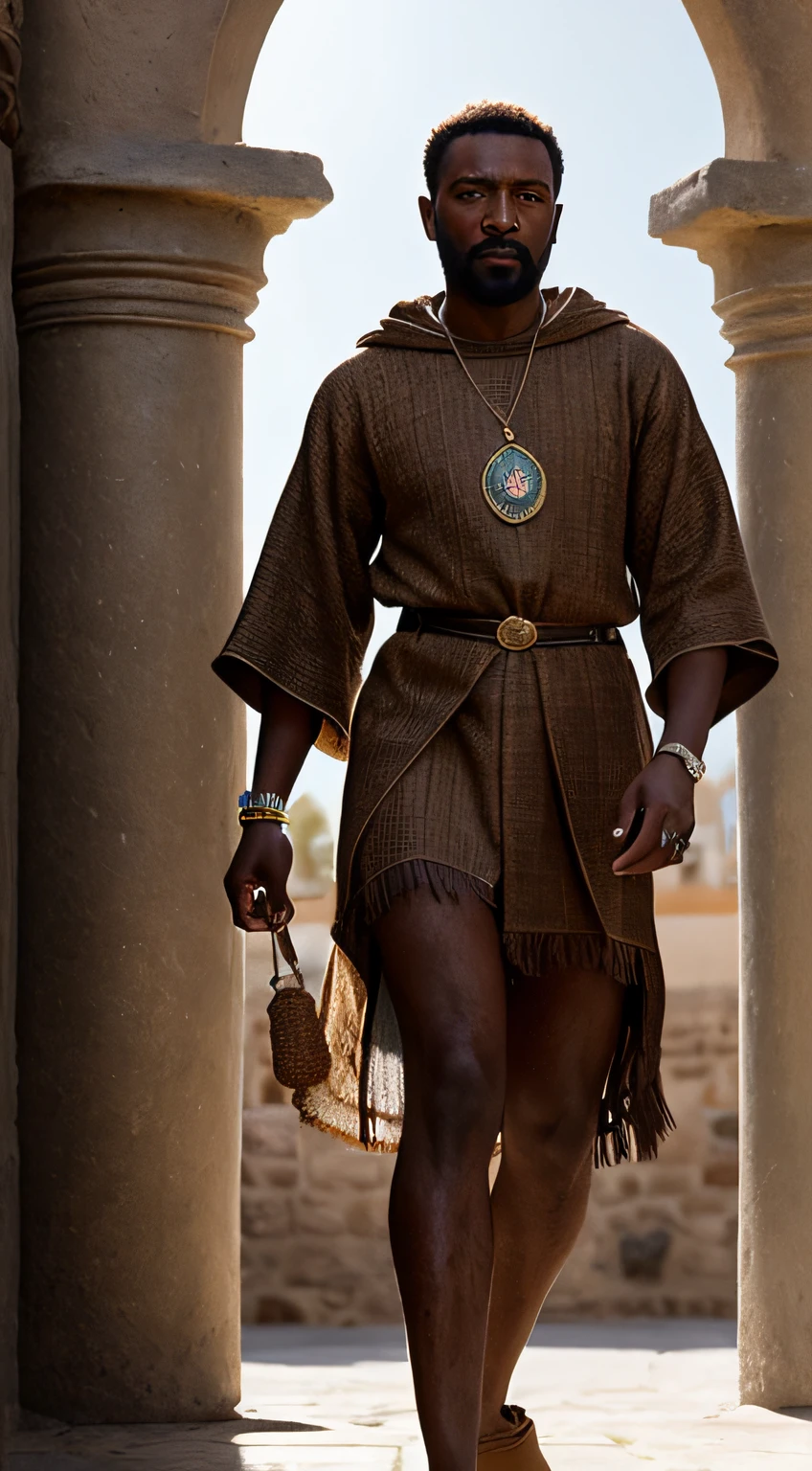 full body portrait of a blasian dark-skinned medieval fantasy 30 year-old man, almond-shaped eyes, hazel-colored eyes, short hair, traditional fantasy north african nice commoner's clothes, exotic, elaborate, colorful, in a medieval fantasy north african traditional town, (backlighting), realistic, masterpiece, highest quality, lens flare, shade, bloom, [[chromatic aberration]], by Jeremy Lipking, by Antonio J. Manzanedo, digital painting