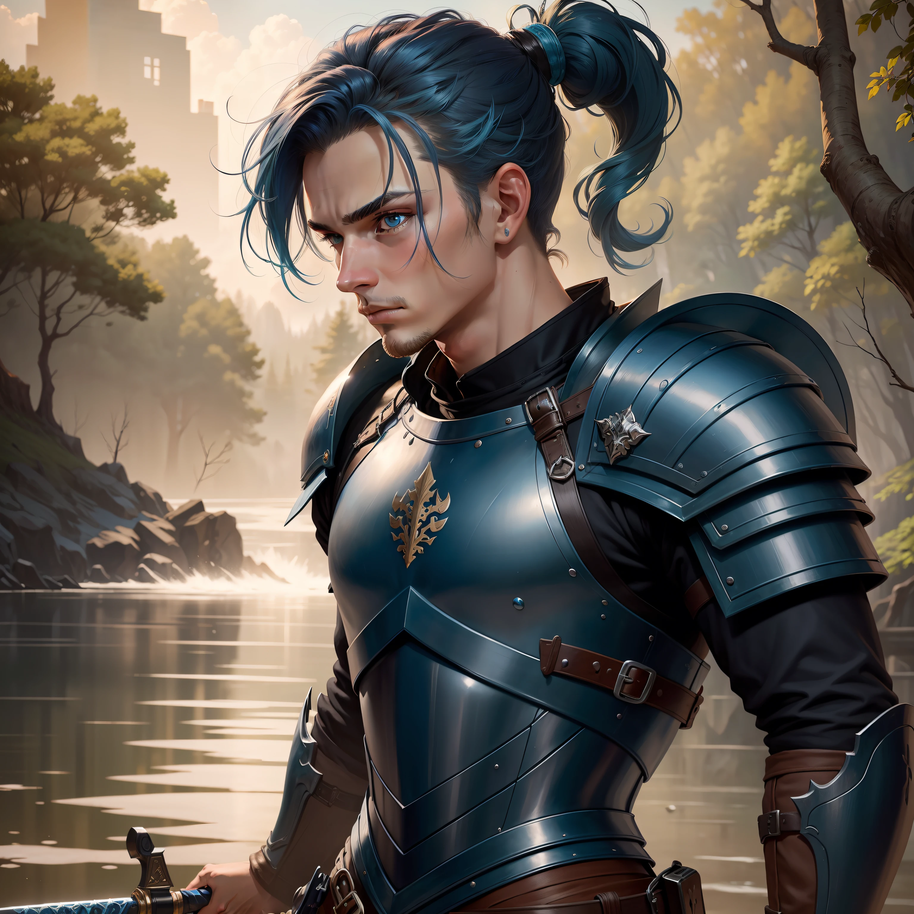 ((Best quality)), ((Masterpiece)), Realistic, blue hair, Short blue ponytail, Black eyes, mature Young man, Solo, Adolescence，shoun，light blue armor, cavalier, Intricate details, Highly detailed, Sharp focus, a digital rendering, professional, 4K, art  stations, Art germ, fantasy, Water element effect, Cool, full bodyesbian, Long sword, forest backgrou，Swift flying