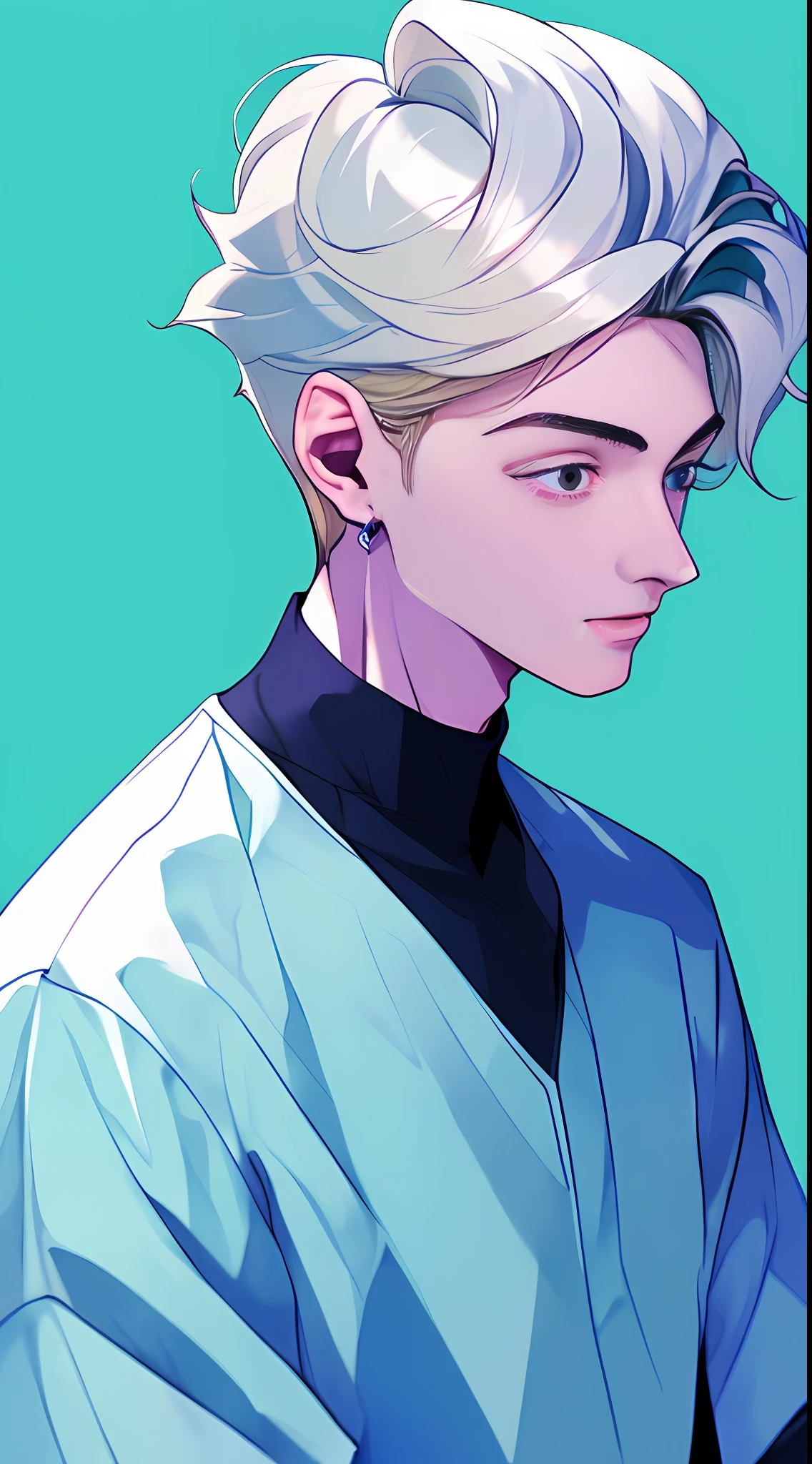(1 boy, man), upper body, blonde hair, close-up, (flat color: 1), (aesthetic background), angle, friend, (three whites: 1.4) (facing left: 2), fresh and delicate