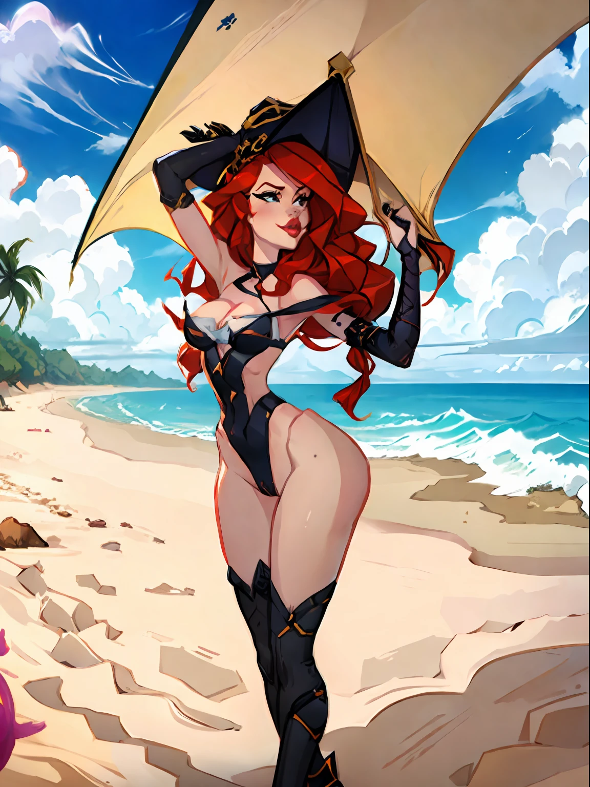 1girl, missfortune, miss fortune, red hair, league of legends, at the beach, sand, sea, ocean, sexy, hot, anatomy, loish, artstation, 4k