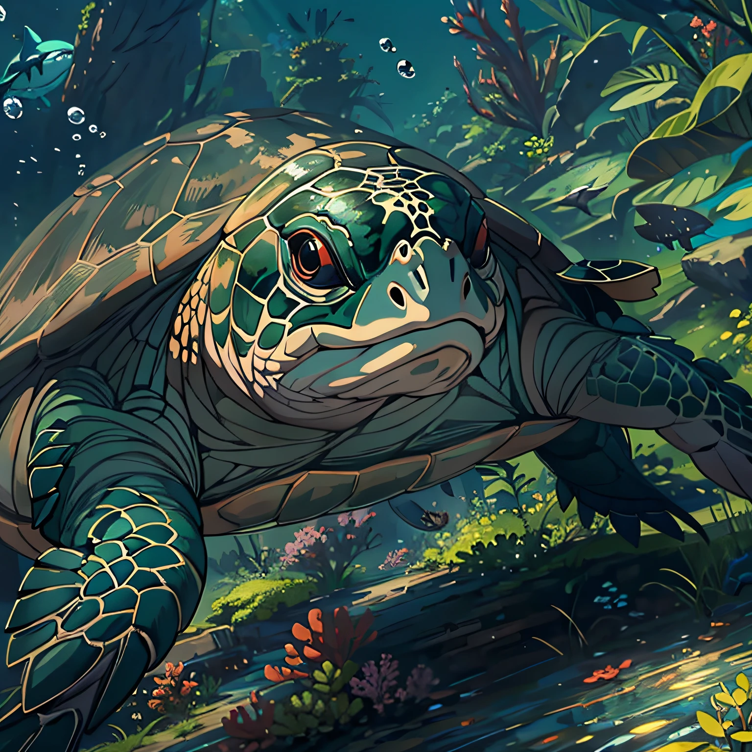 A turtle,Turtle,Under water, hyper HD, Masterpiece, High quality