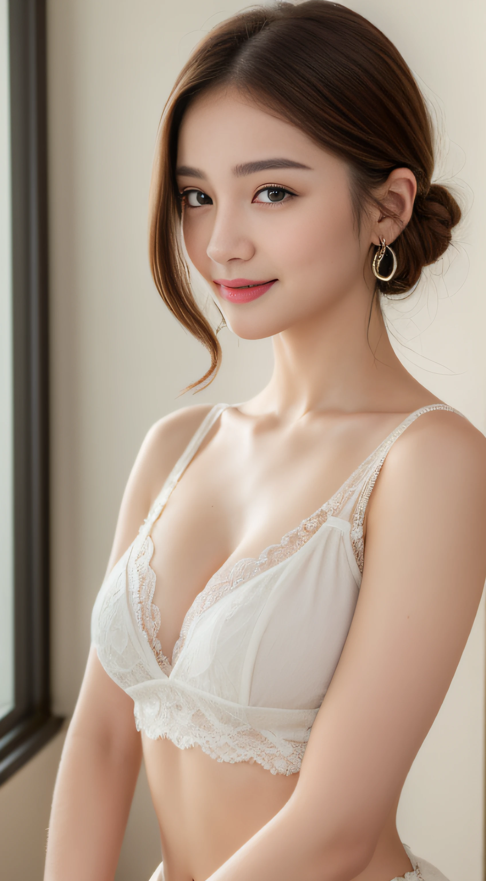 ((Best quality, 8k, Masterpiece :1.3)), 1girl, beautiful woman with emphasis on slim abs: 1.3, (casual hairstyle, big breasts: 1.2), casual wear: 1.2, interior, ultra-detailed face, delicate eyes, double eyelids, soft breasts, smile, exposed cleavage
