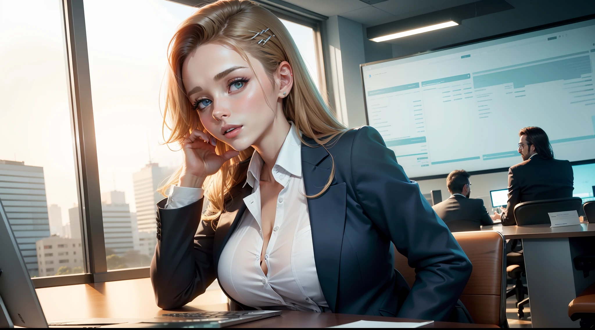 (imagem baseada no Seed: 2894623856) an office desk with a computer, Na tela do computador, showing financial charts, ((actress Lena Paul looks very pretty in business clothes)),In the background, an all-glass wall showing the surrounding buildings, (melhor qualidade) (4k resolution), Realistic, muitos detalhes,