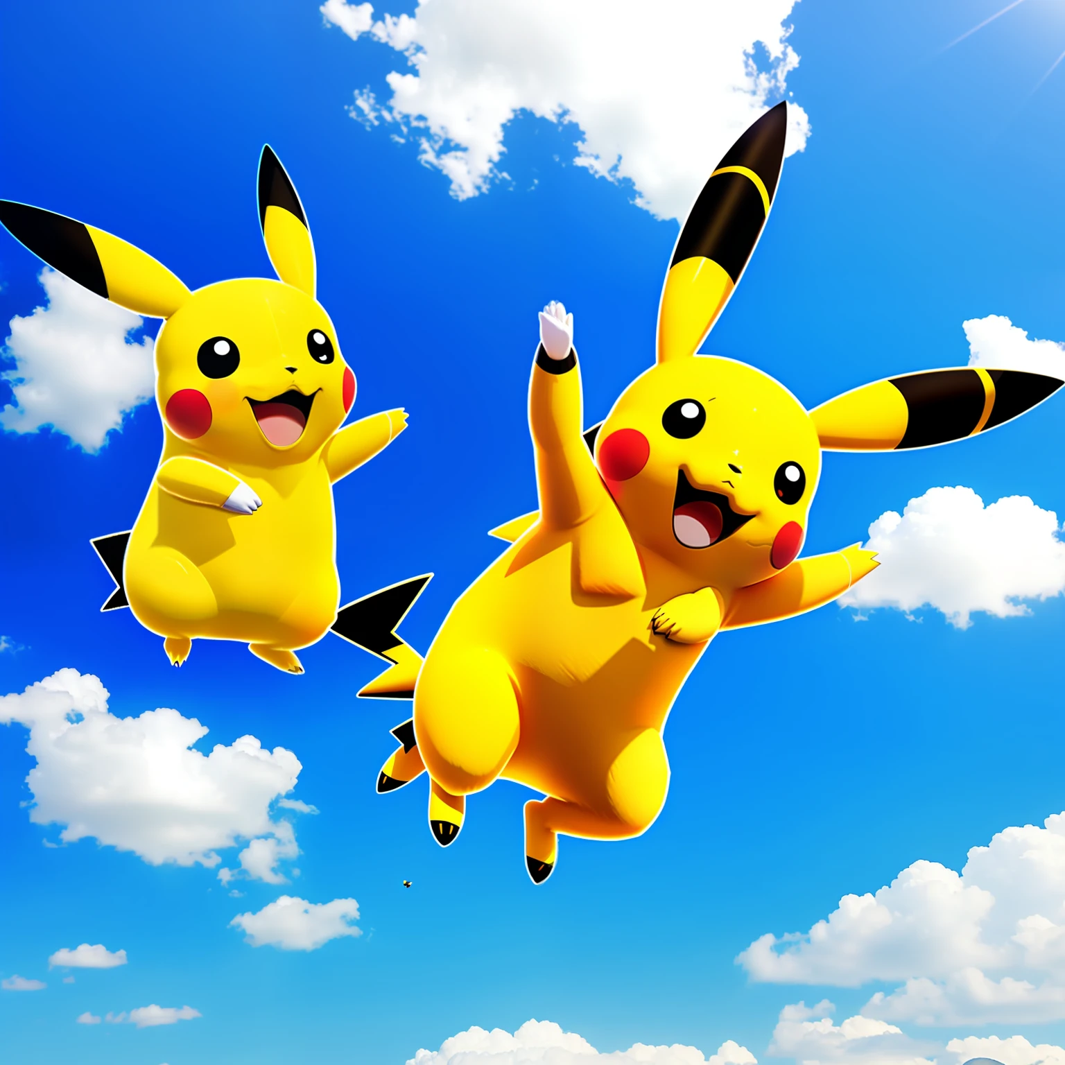 A Pikachu,is flying high in the air