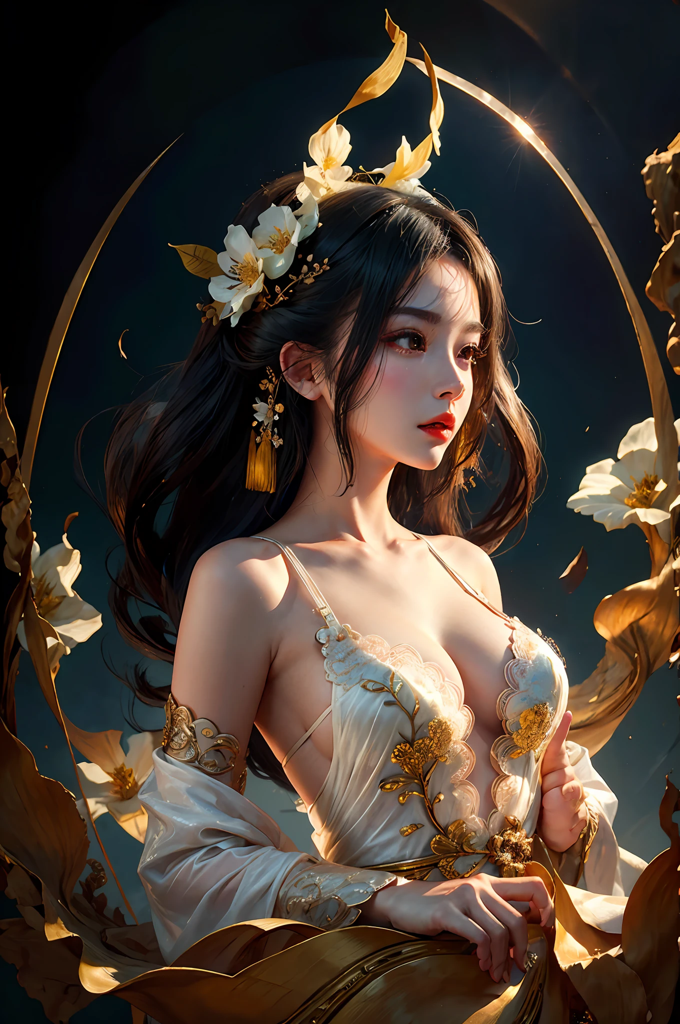 Zhong Fenghua， 1girll， （full bodyesbian） 独奏， Hanfu， flower  field， blossom flower， （Black smoke：1.4） （realisticlying：1.5）， datura， entangled， offcial art， Unity 8k壁纸， ultra - detailed， Beautiful and beautiful， tmasterpiece，best qualtiy， （dynamic angle：1.4）， （Realistic：1.5），（Real human photos；1.5），（Bigboobs：1.5），（Liuhai hairstyle：1.5）（Shoulders exposed：1.5），Glowing skin， （Floating colorful flashes：1），The most beautiful forms of chaos，（ellegance：1.2），Fauvistdesign，vivd colour，Romanticism Depth of Field，