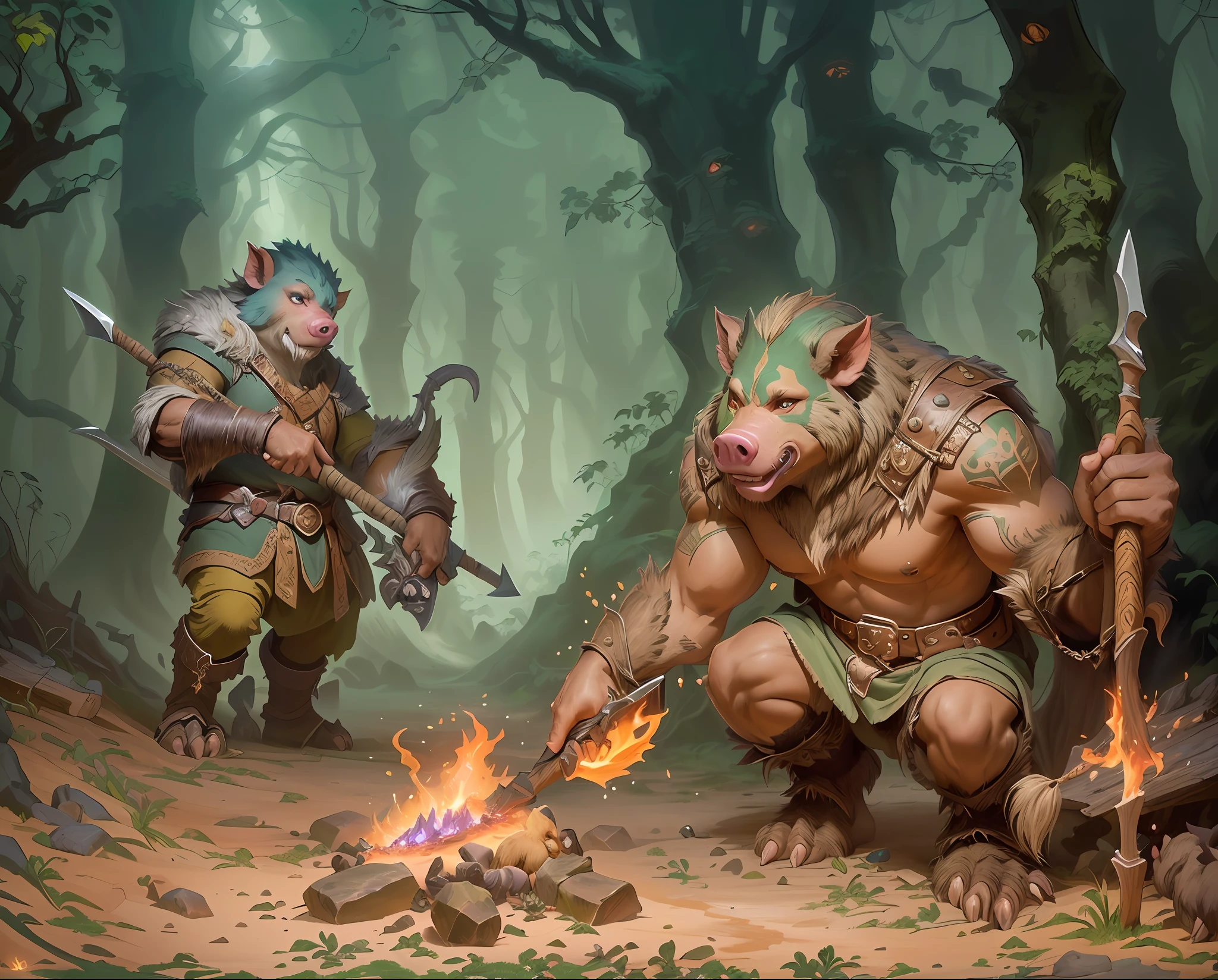 There are two men in the woods with axes and a fire, Gnoll, Bugbear, prehistoric hell pigs, ranger Bugbear, anthropomorphic warrior piglet, arte do jogo de RPG, Goblins e Trolls, Hiper-realista D & d fantasy art, Bugbear furioso, Goblins, Estilo de Arte Humblewood, Trolls, Goblins atacando